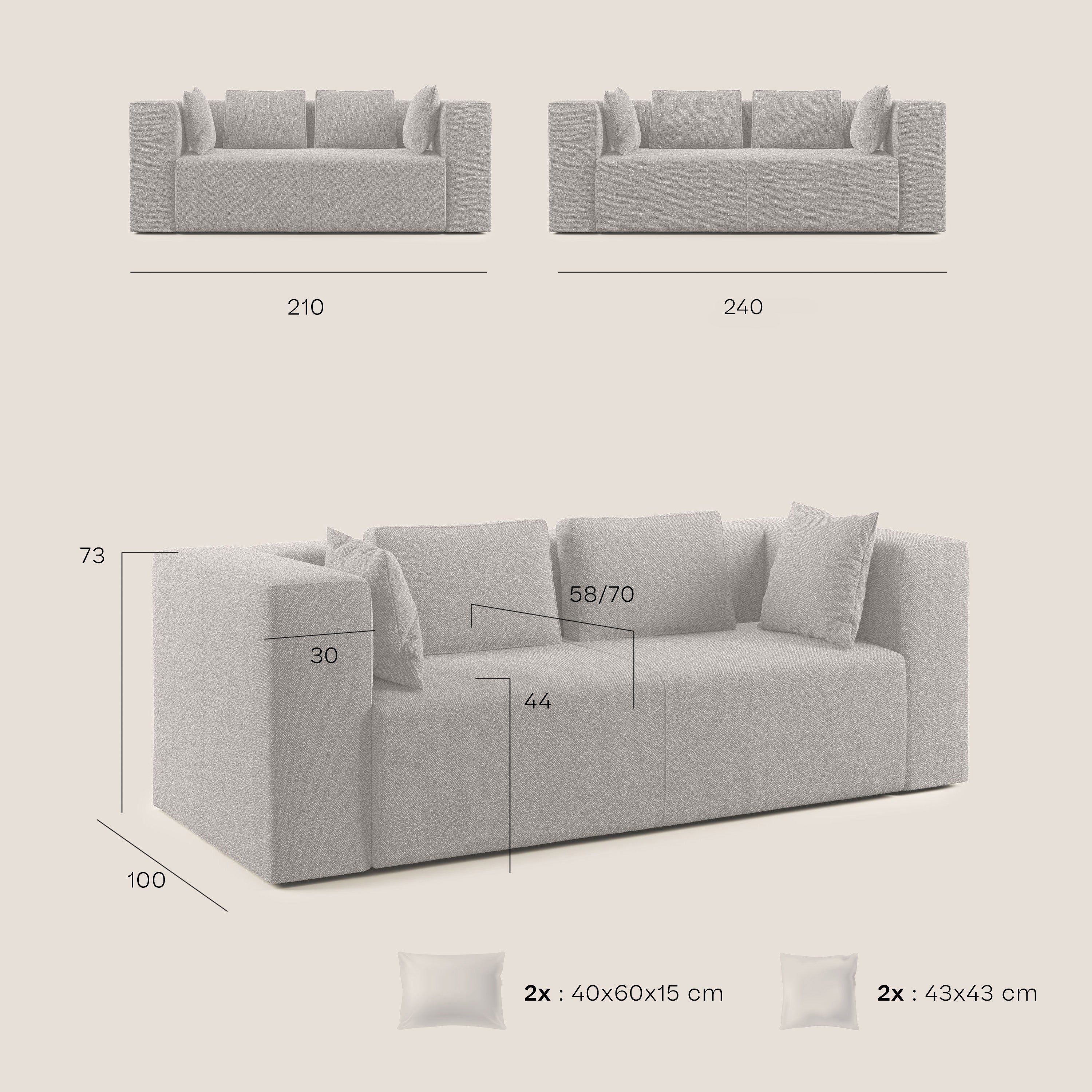 Nettuno divano moderno componibile in morbido tessuto bouclè T07 azzurro - divani.store