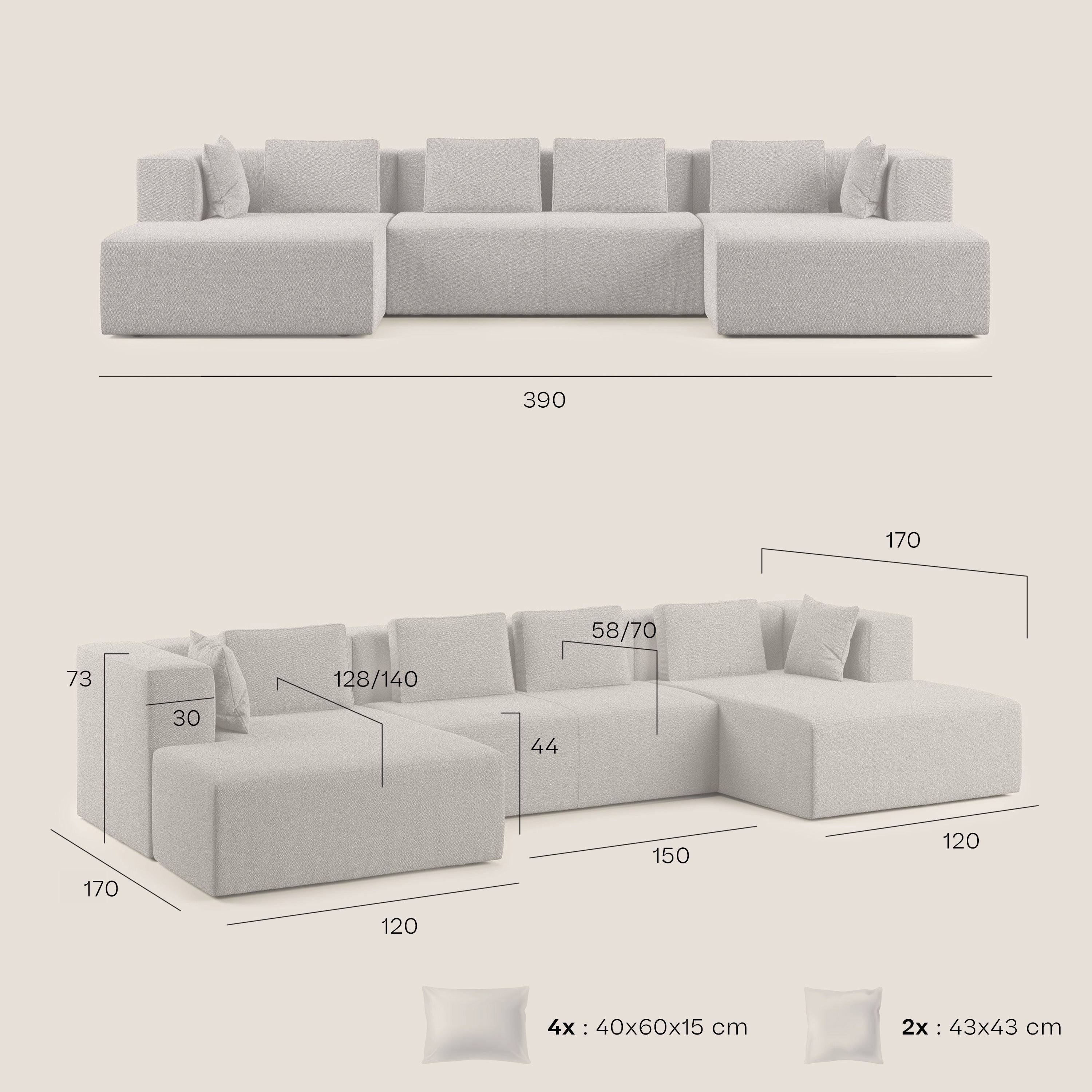 Nettuno divano panoramico in morbido tessuto bouclè T07 azzurro - divani.store