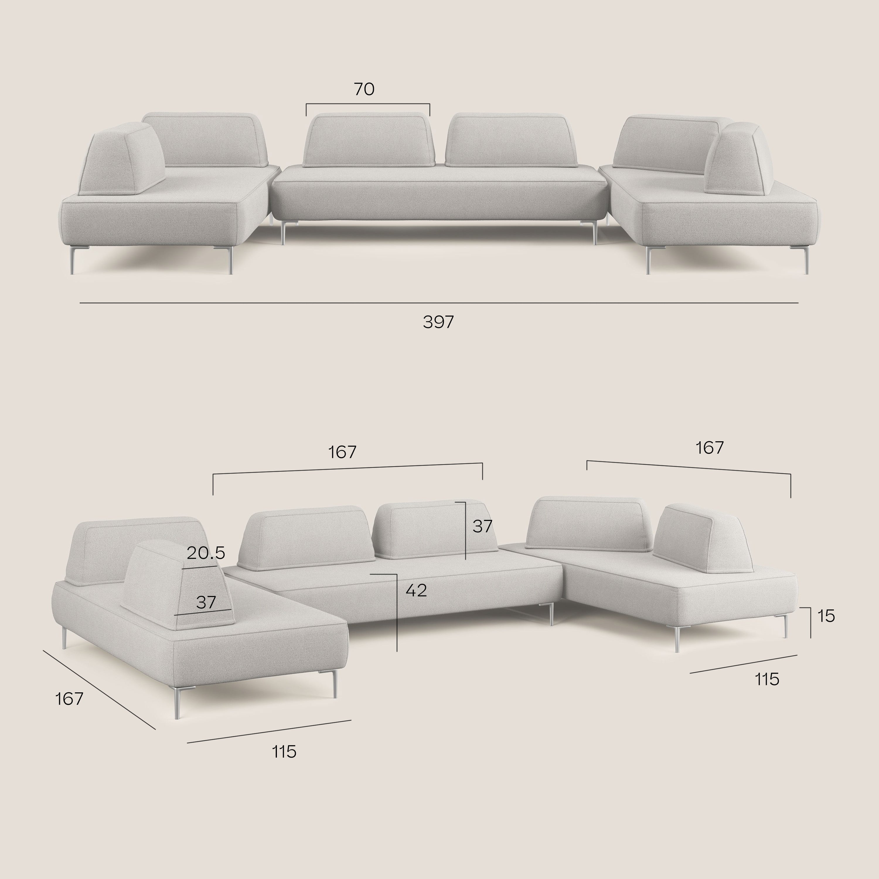 Newton divano panoramico modulare con schienali movibili T07 beige - divani.store