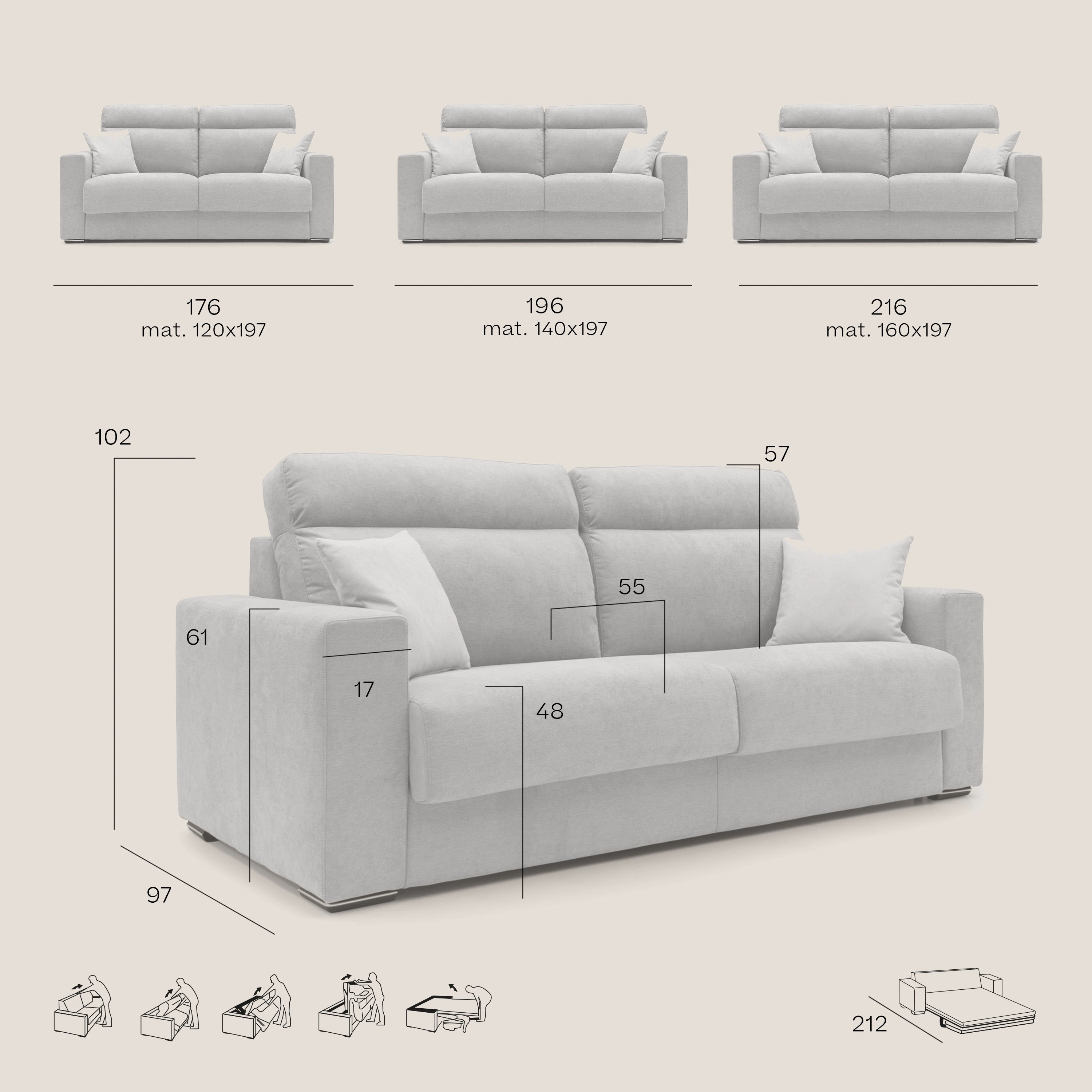 Nikita Divano letto matrimoniale con schienale morbido alto e rivestimento T02 beige - divani.store