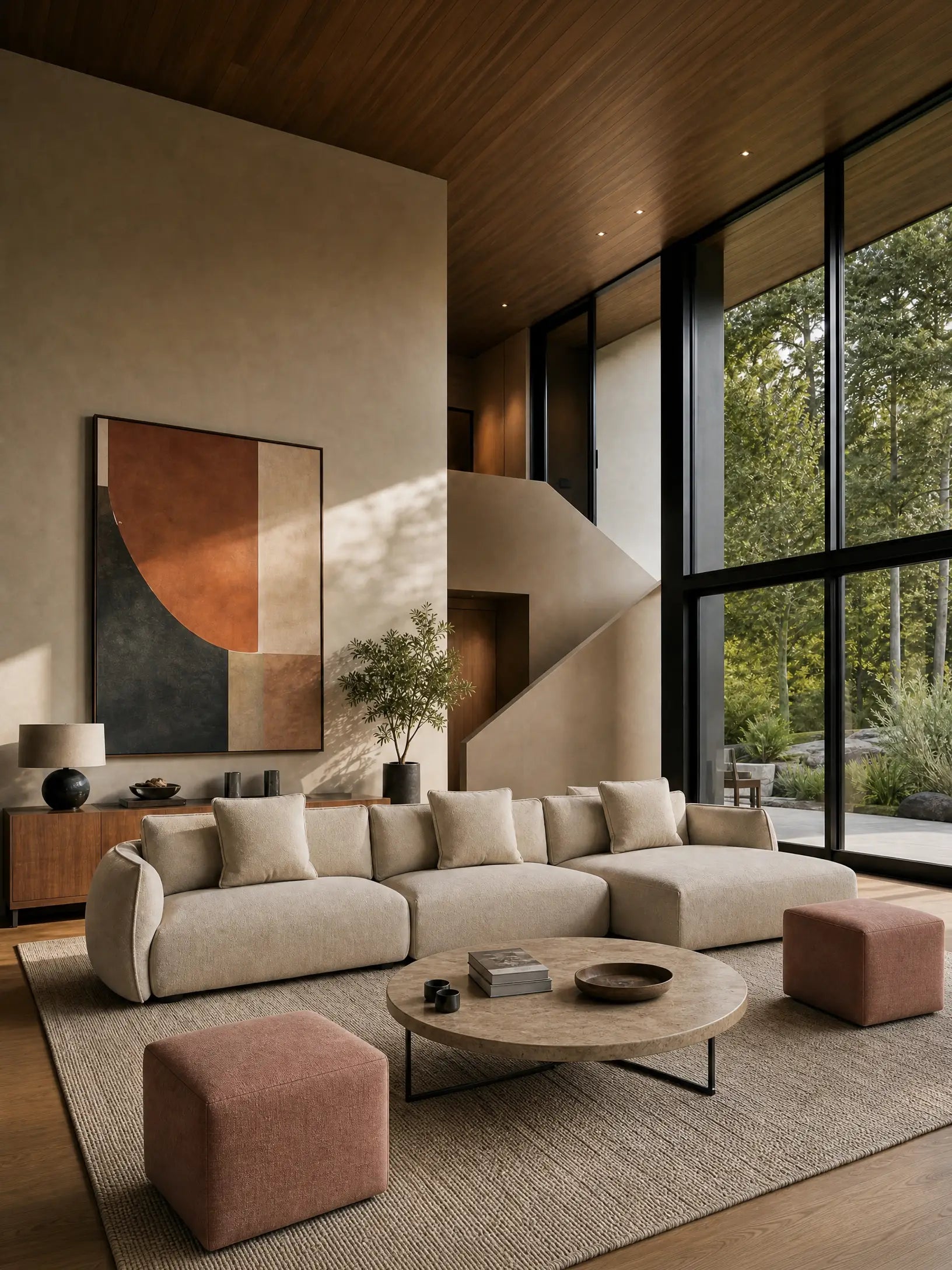 Soggiorno moderno arredato con il divano angolare con penisola componibile Nimbus in morbido tessuto effetto cotone smacchiabile T33 di Divani.Interni in beige, completati da due pouf rosa, un tavolino rotondo in legno, un grande quadro astratto appeso alla parete, una pianta in vaso, una credenza con elementi decorativi, finestre a tutta altezza, dettagli in legno sul soffitto e vista sugli alberi rigogliosi all’esterno. I toni neutri caratterizzano lo spazio.