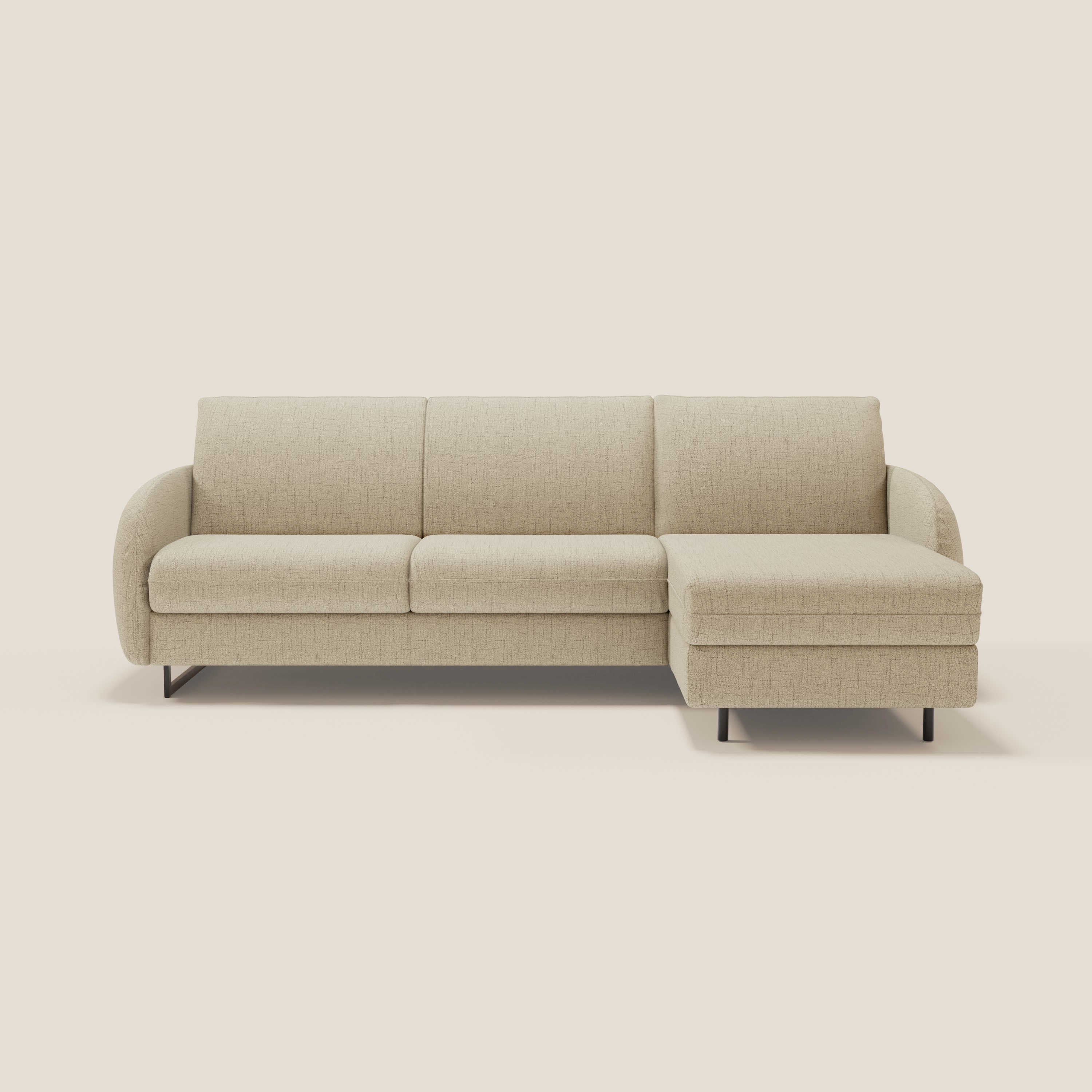 Ninfea Divano Letto Angolare con Penisola Contenitore e Materasso H18 cm - piedini in metallo e Tessuto impermeabile T03 - divani.store