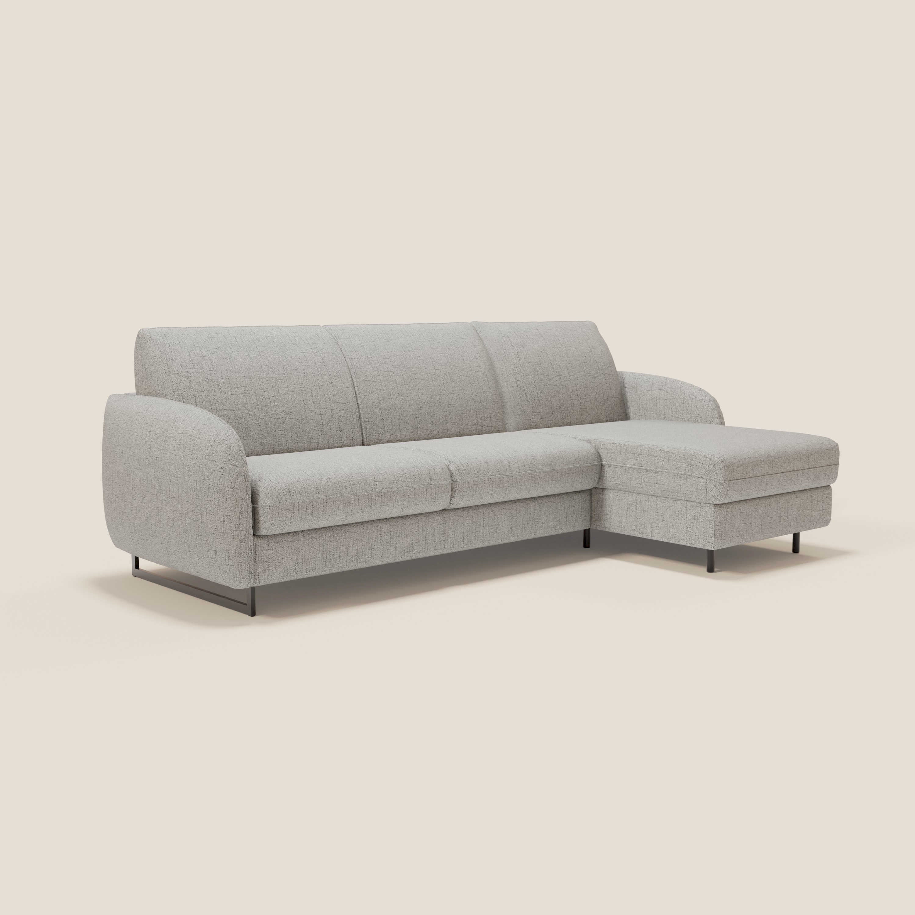 Ninfea Divano Letto Angolare con Penisola Contenitore e Materasso H18 cm - piedini in metallo e Tessuto impermeabile T03 - divani.store
