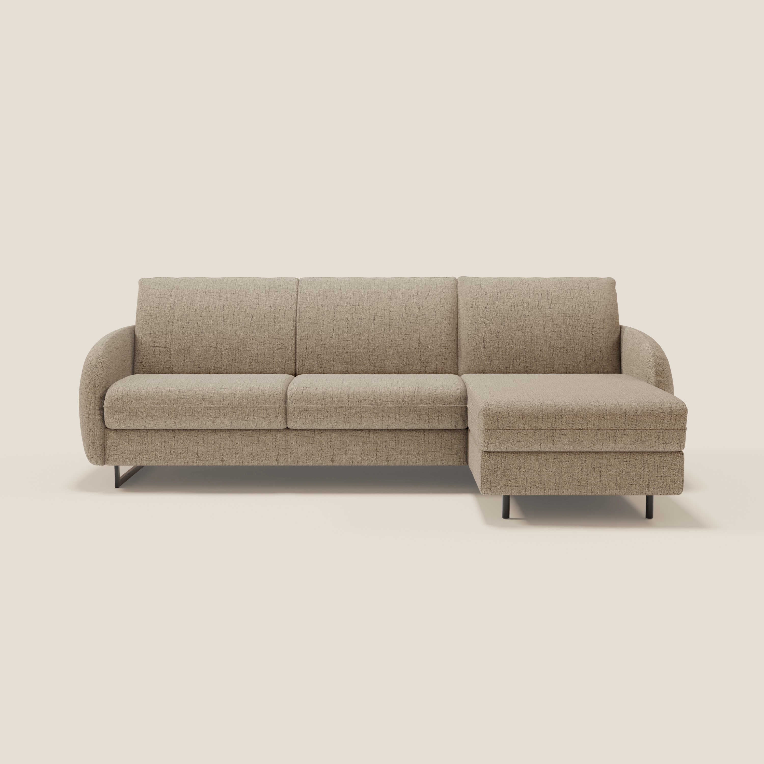 Ninfea Divano Letto Angolare con Penisola Contenitore e Materasso H18 cm - piedini in metallo e Tessuto impermeabile T03 - divani.store
