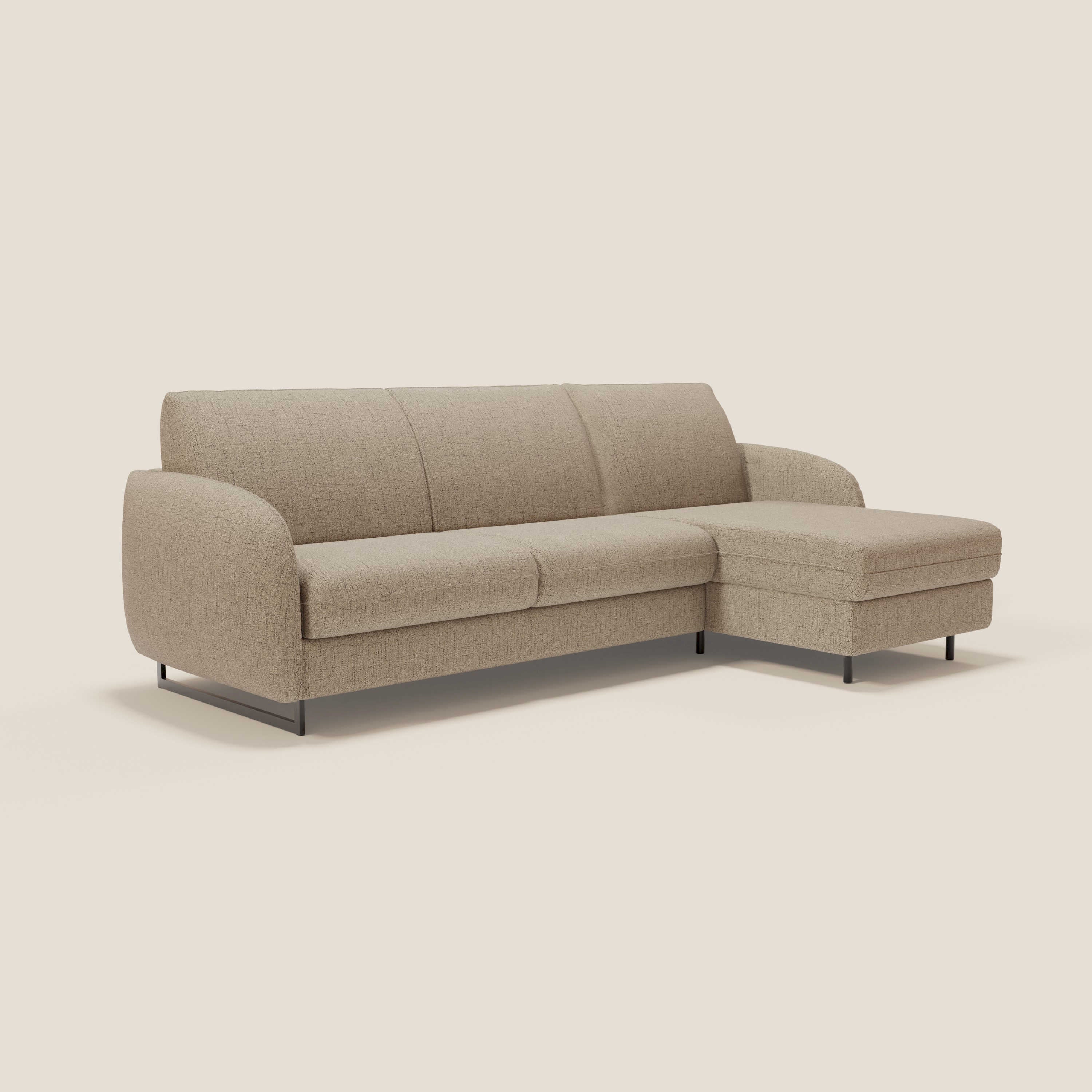 Ninfea Divano Letto Angolare con Penisola Contenitore e Materasso H18 cm - piedini in metallo e Tessuto impermeabile T03 - divani.store