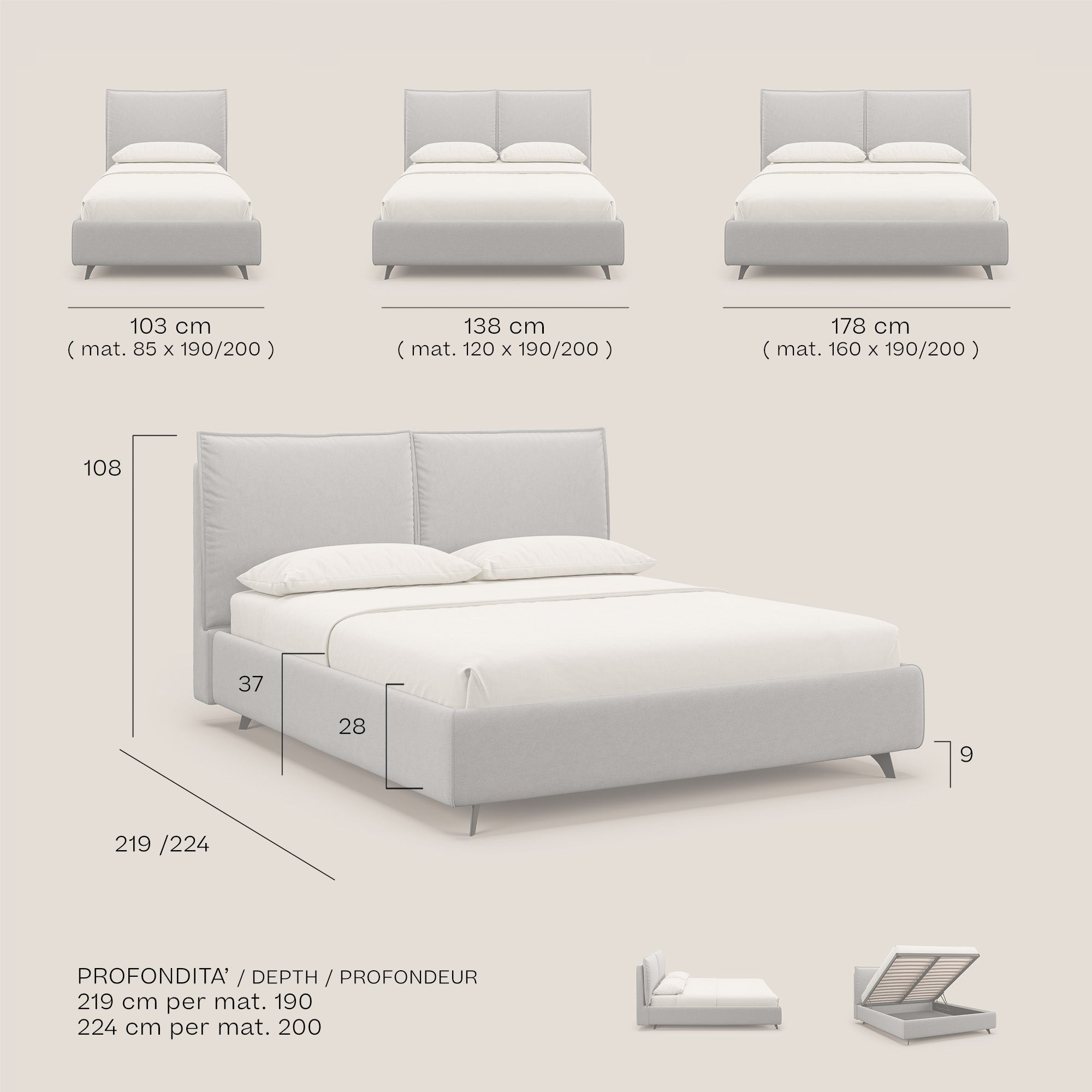 Nives letto imbottito contenitore sfoderabile in microfibra velluto impermeabile T09 panna - divani.store