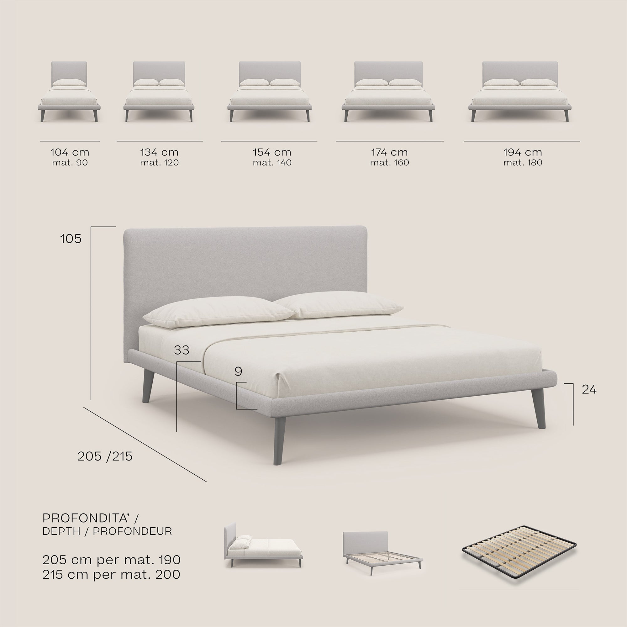 Noel letto minimal scandinavo con piedi in mogano e tessuto fiammato impermeabile T19 salmone - divani.store