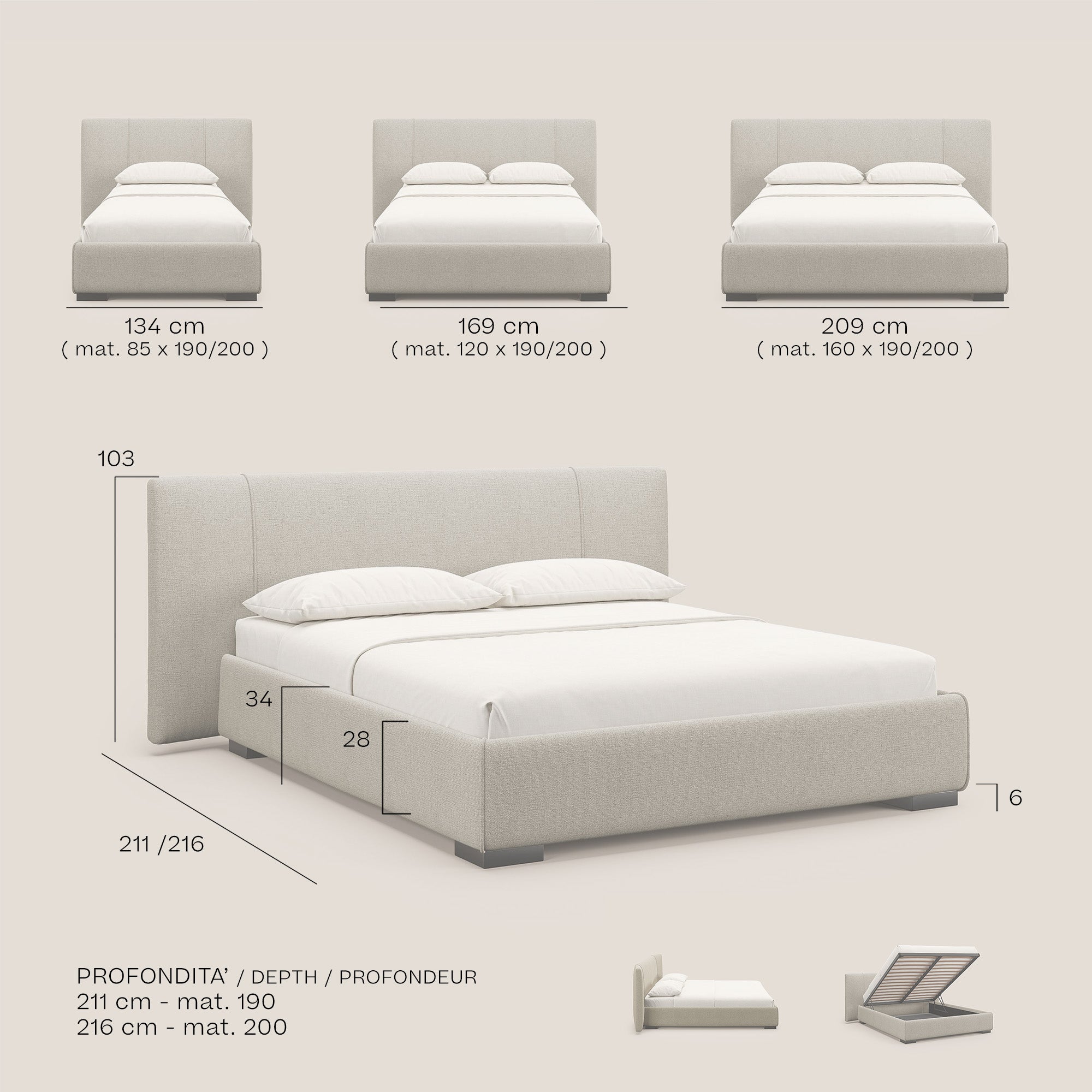 Omero letto imbottito contenitore sfoderabile in tessuto fiammato impermeabile T14 rosso - divani.store