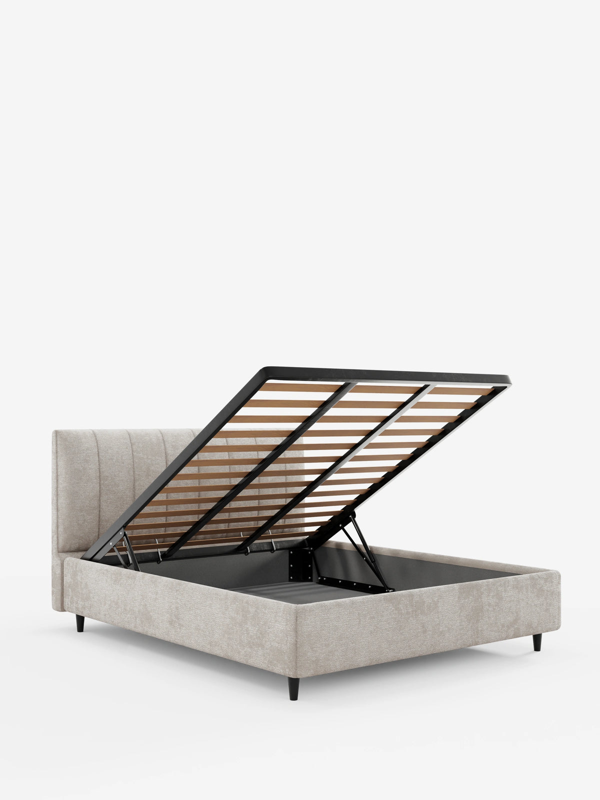 Il letto imbottito ONYX con contenitore e testiera verticale in tessuto certificato Oeko-Tex® è un letto imbottito beige con contenitore, dotato di una rete a doghe rialzata, trapuntatura a canali verticali e gambe sottili di colore scuro su sfondo bianco.