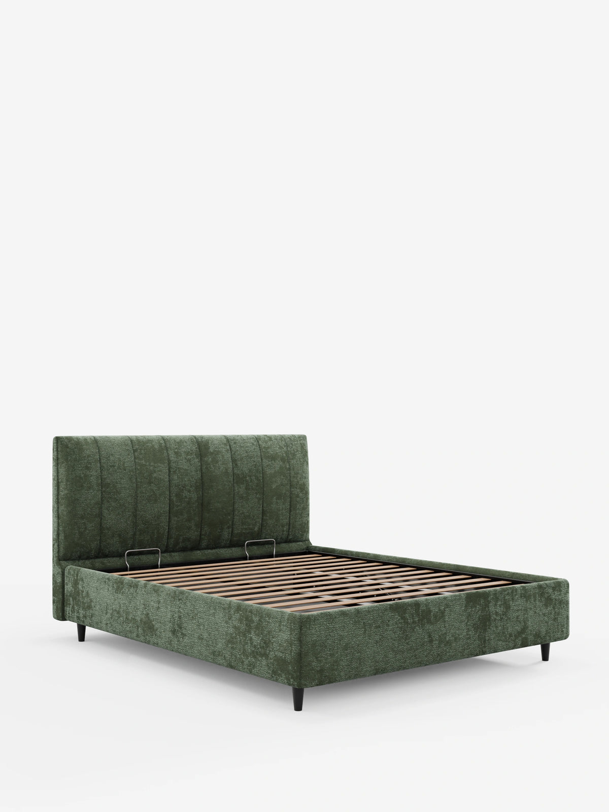 Letto imbottito ONYX con contenitore e testiera verticale in tessuto certificato Oeko-Tex® color verde salvia, caratterizzato da una testiera con trapuntatura a ciuffetti, base a doghe in legno e gambe corte scure su uno sfondo bianco a tinta unita.