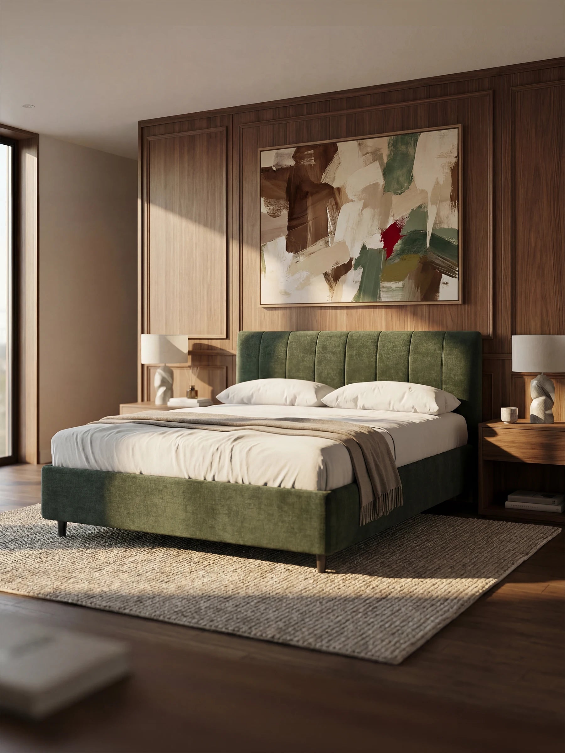 Una camera da letto moderna mette in risalto il letto imbottito bicolore VALKIRIA con vano contenitore di Letti.store, caratterizzato da morbidi cuscini schienali e da una testiera dalle linee dolcemente curve e avvolgenti. Il letto è rivestito da una biancheria da letto candida e da una coperta beige. Due comodini in legno con lampade incorniciano il letto, un’opera d’arte astratta adorna la parete sovrastante e la luce naturale filtra da un’ampia finestra illuminando il tappeto dalla trama ricca