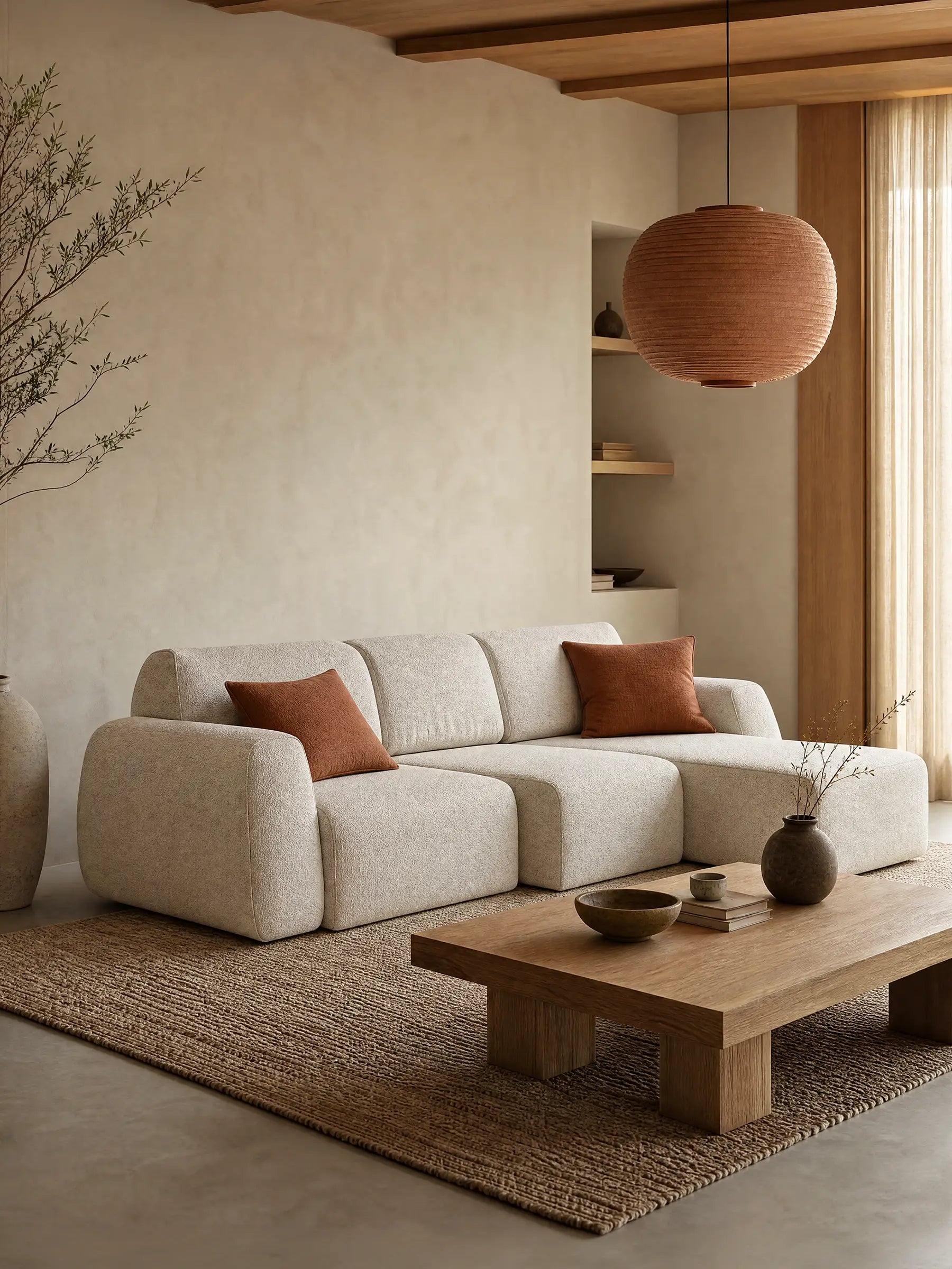 Un soggiorno moderno arredato con il divano angolare Orbit con penisola reversibile e tutte le sedute allungabili in tessuto smacchiabile effetto cotone T33 di Divani.Store in beige, impreziosito da due cuscini color ruggine. Lo spazio è completato da un tavolino in legno con elementi decorativi, un tappeto intrecciato, una grande pianta in vaso, mensole a muro, tende trasparenti e una lampada a sospensione rotonda intrecciata. I toni neutri e lo stile minimalista caratterizzano l’atmosfera.