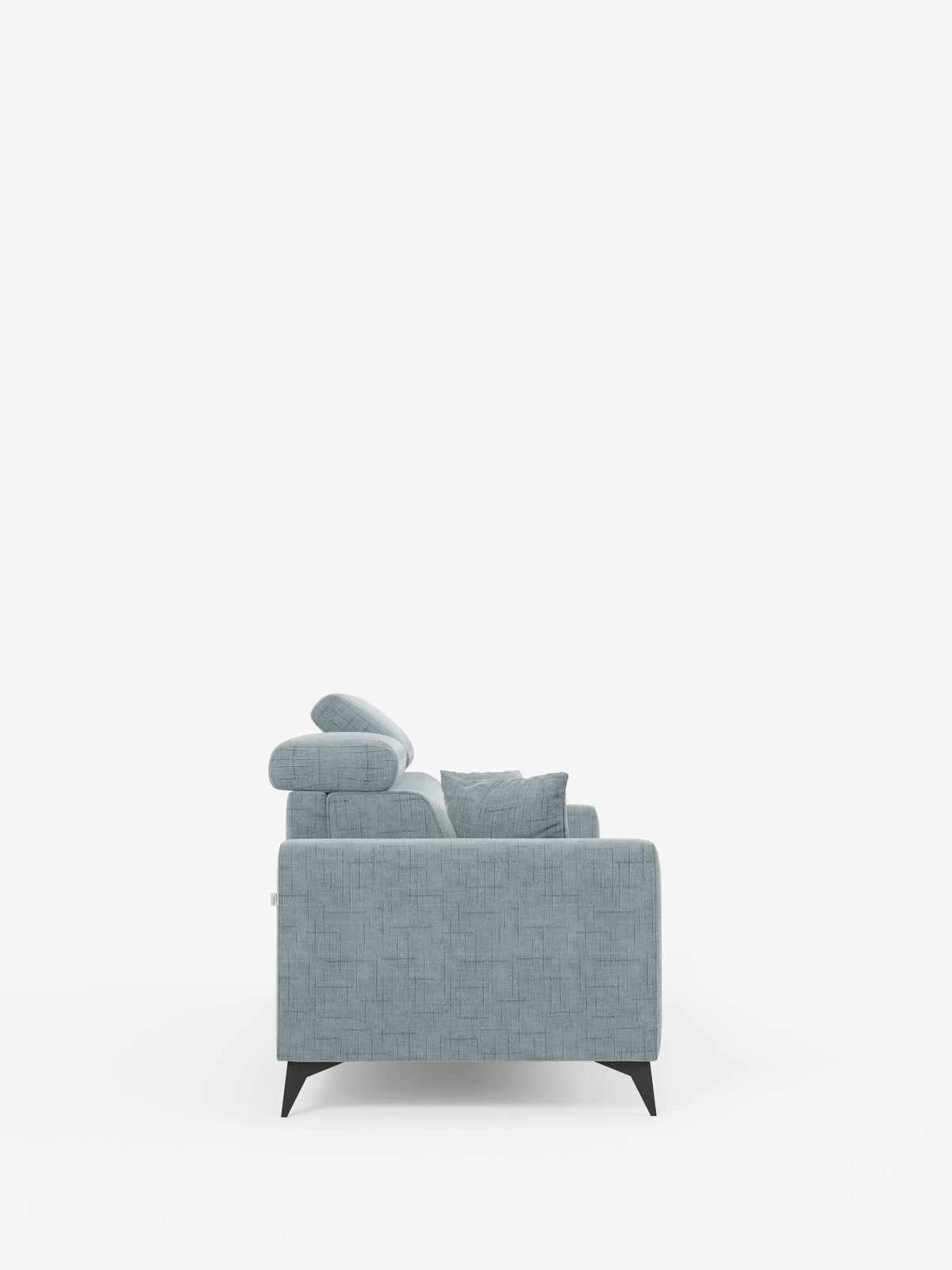 Vista laterale del divano letto matrimoniale Pegaso di Divani.Store, rivestito in tessuto jacquard T22 smacchiabile di colore azzurro, con gambe angolari nere. Il design minimalista e contemporaneo comprende una seduta morbida, braccioli imbottiti, cuscini coordinati e poggiatesta regolabili, il tutto su uno sfondo bianco.
