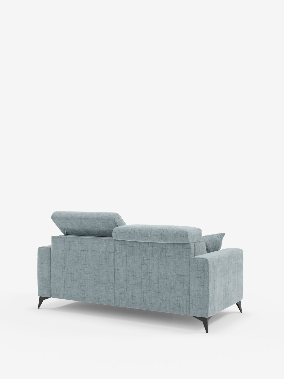 Il divano letto matrimoniale Pegaso di colore azzurro di Divani.Store, rivestito in tessuto jacquard T22 facile da pulire, è ripreso nella vista posteriore. Presenta eleganti gambe angolate nere e poggiatesta regolabili, uno dei quali sollevato. Il divano è posizionato su uno sfondo bianco, che ne esalta il design moderno e minimalista.