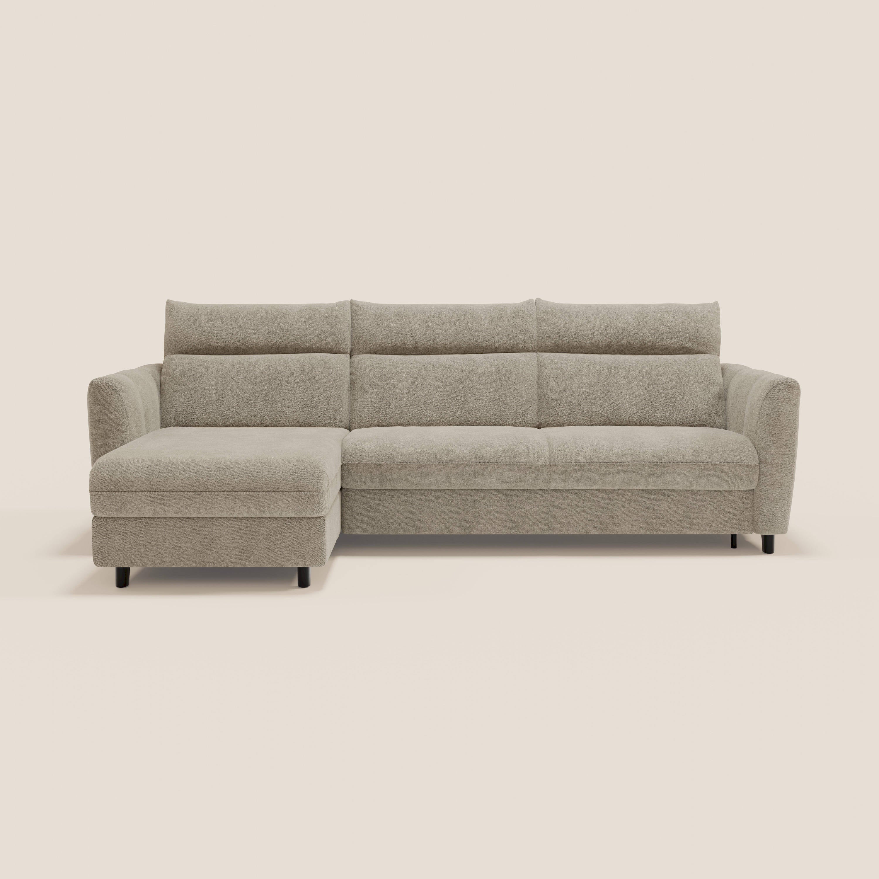 Peonia divano letto angolare con Penisola Contenitore - Materasso H18 cm in Bouclé Impermeabile T07 - divani.store