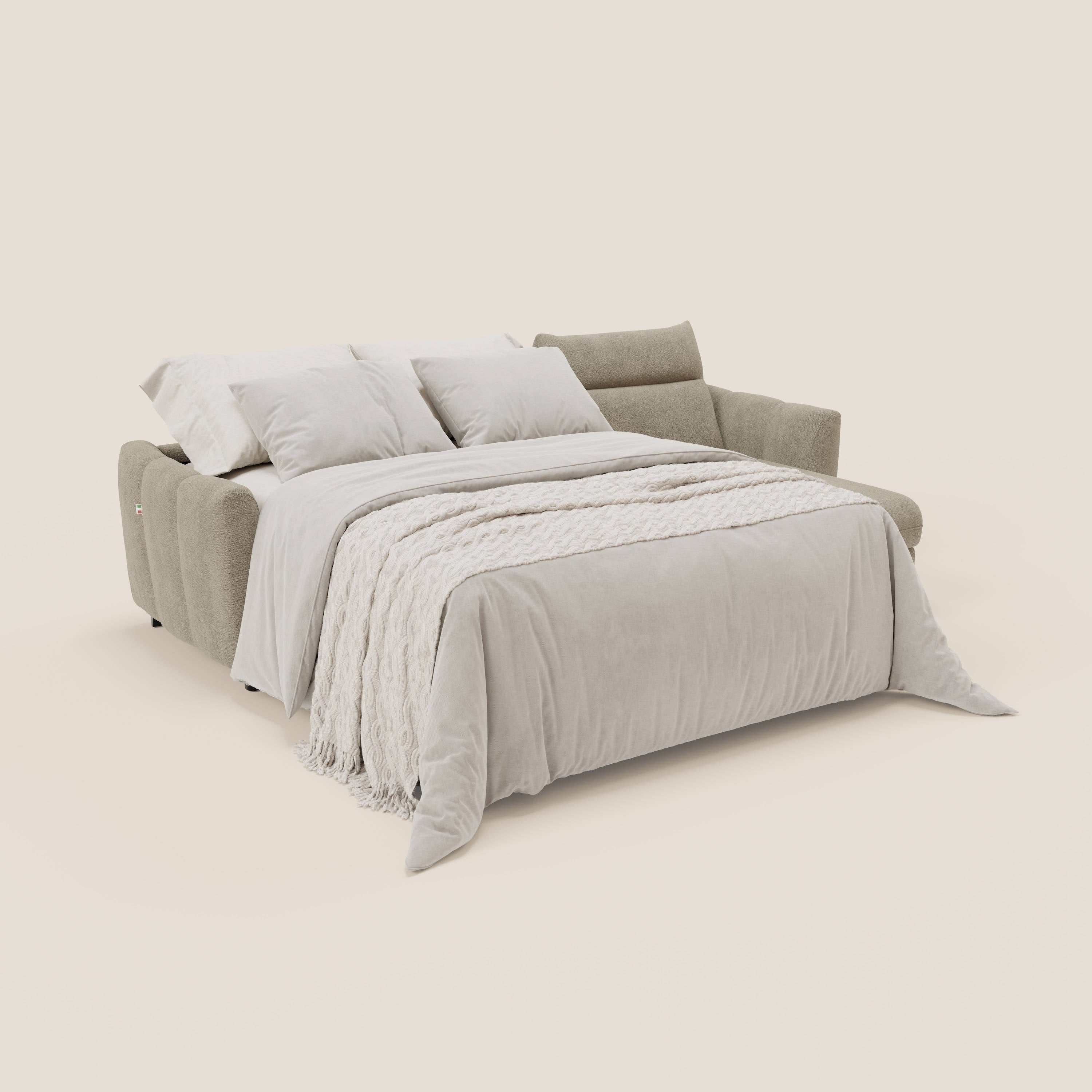 Peonia divano letto angolare con Penisola Contenitore - Materasso H18 cm in Bouclé Impermeabile T07 - divani.store