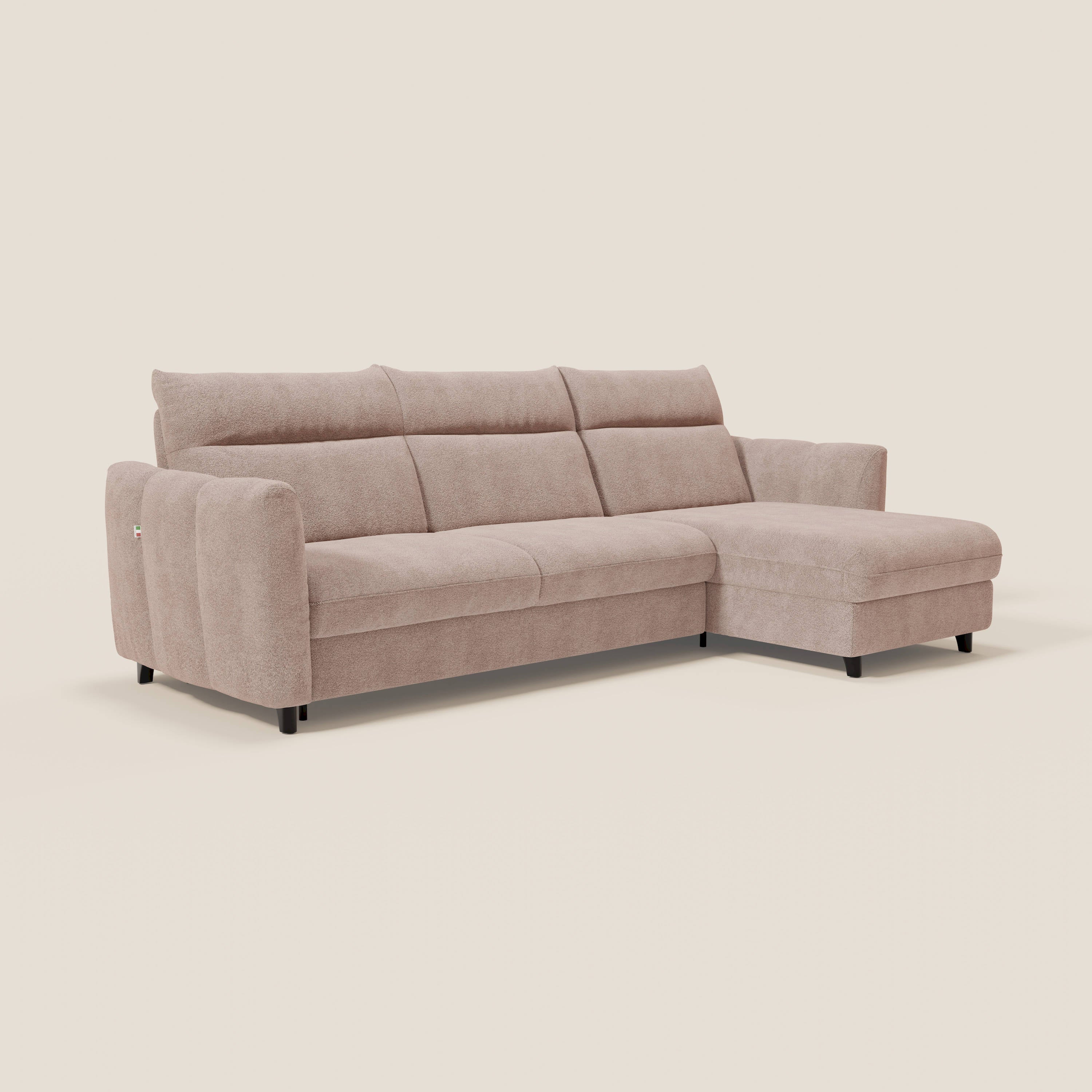 Peonia divano letto angolare con Penisola Contenitore - Materasso H18 cm in Bouclé Impermeabile T07 - divani.store