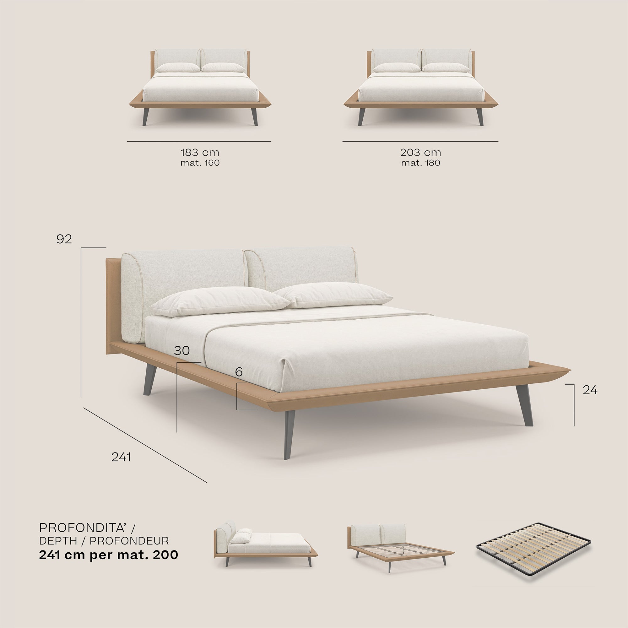 Petra letto di design bicolore con cuscini in piuma, piedini in mogano e tessuto impermeabile cuoio - divani.store