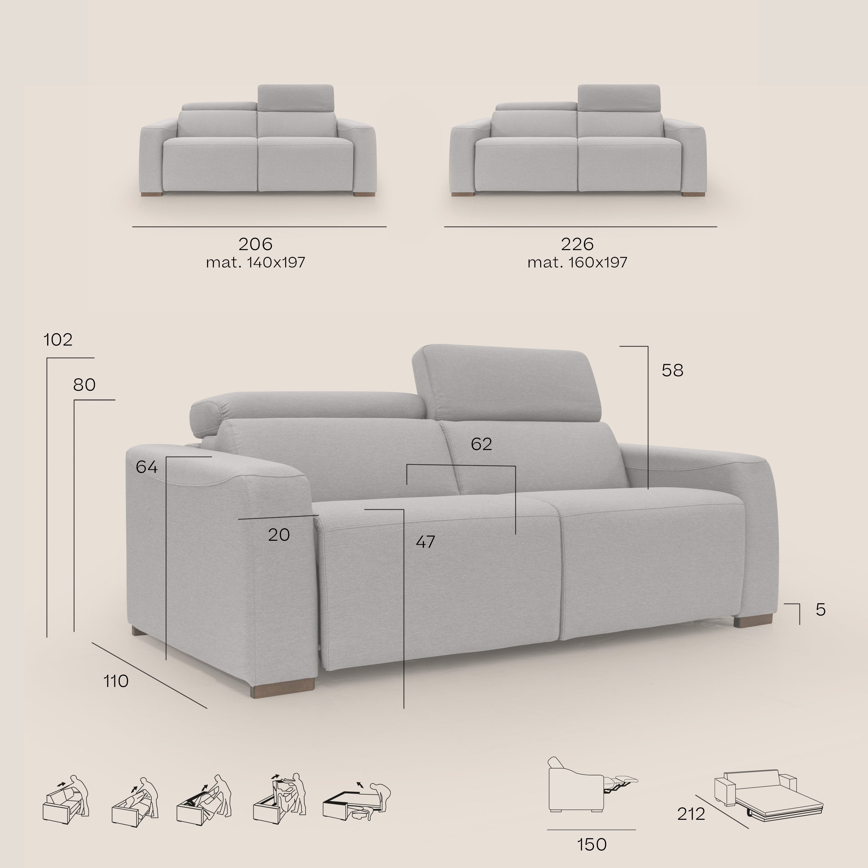 Poseidon divano letto + relax elettrico in tessuto smacchiabile impermeabile T05 grigio