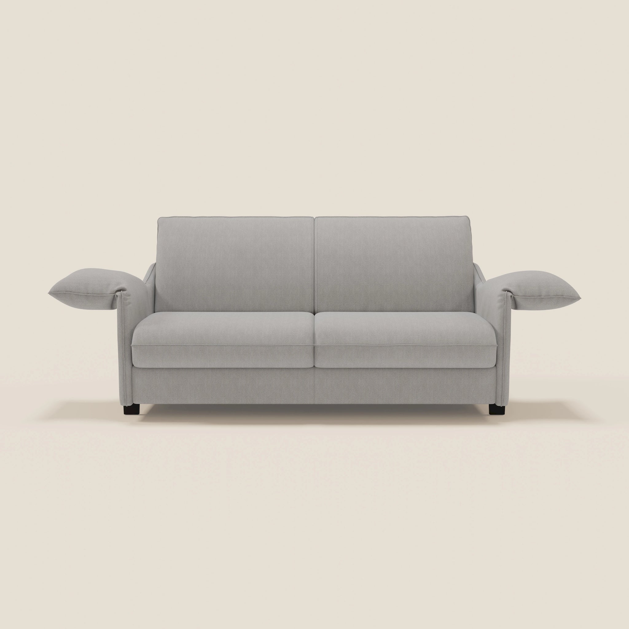 Il divano letto Primula grigio chiaro da 177 cm di Divani.Store presenta linee pulite, cuscini removibili, braccioli ampi e mobili e tessuto antimacchia T05 GRIGIO. Offre un comfort moderno con un materasso alto 18 cm e un design elegante e contemporaneo.