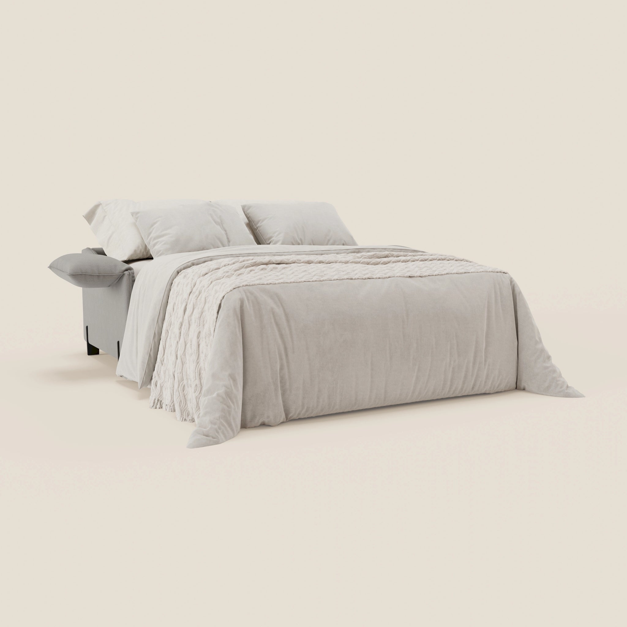Il divano letto Primula da 177 cm di Divani.Store, in tessuto smacchiabile T05 GRIGIO con comodo materasso da 18 cm e braccioli mobili, si presenta come un letto ordinato su uno sfondo semplice, catturando il comfort contemporaneo e lo stile moderno.