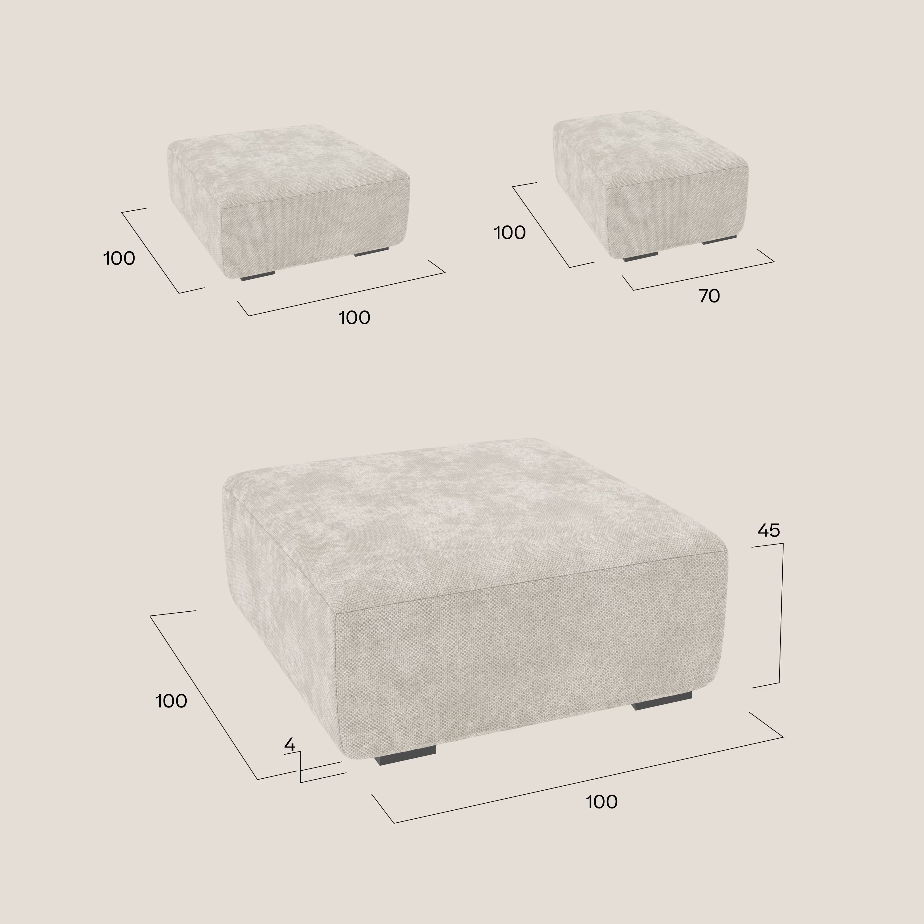 Tre pouf modulari BonBon bordeaux di Divani.Store, in tessuto T23 facile da pulire, sono presentati su sfondo chiaro: 100x100x45 cm e 100x70x31 cm. Le dimensioni sono indicate con linee e numeri.