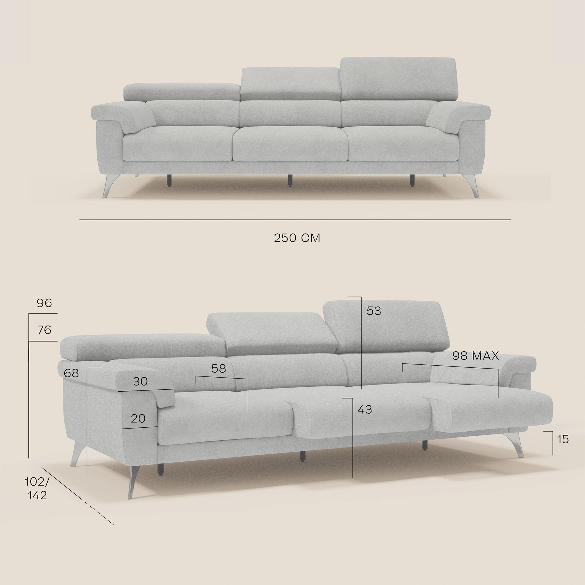 Raffaello divano con 3 sedute allungabili e poggiatesta reclinabili in microfibra smacchiabile T11 beige