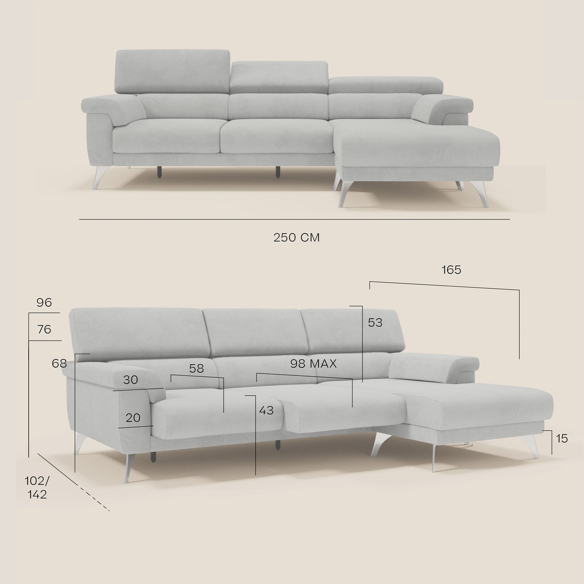 Raffaello Divano angolare con sedute scorrevoli e poggiatesta regolabili in microfibra smacchiabile T11 beige