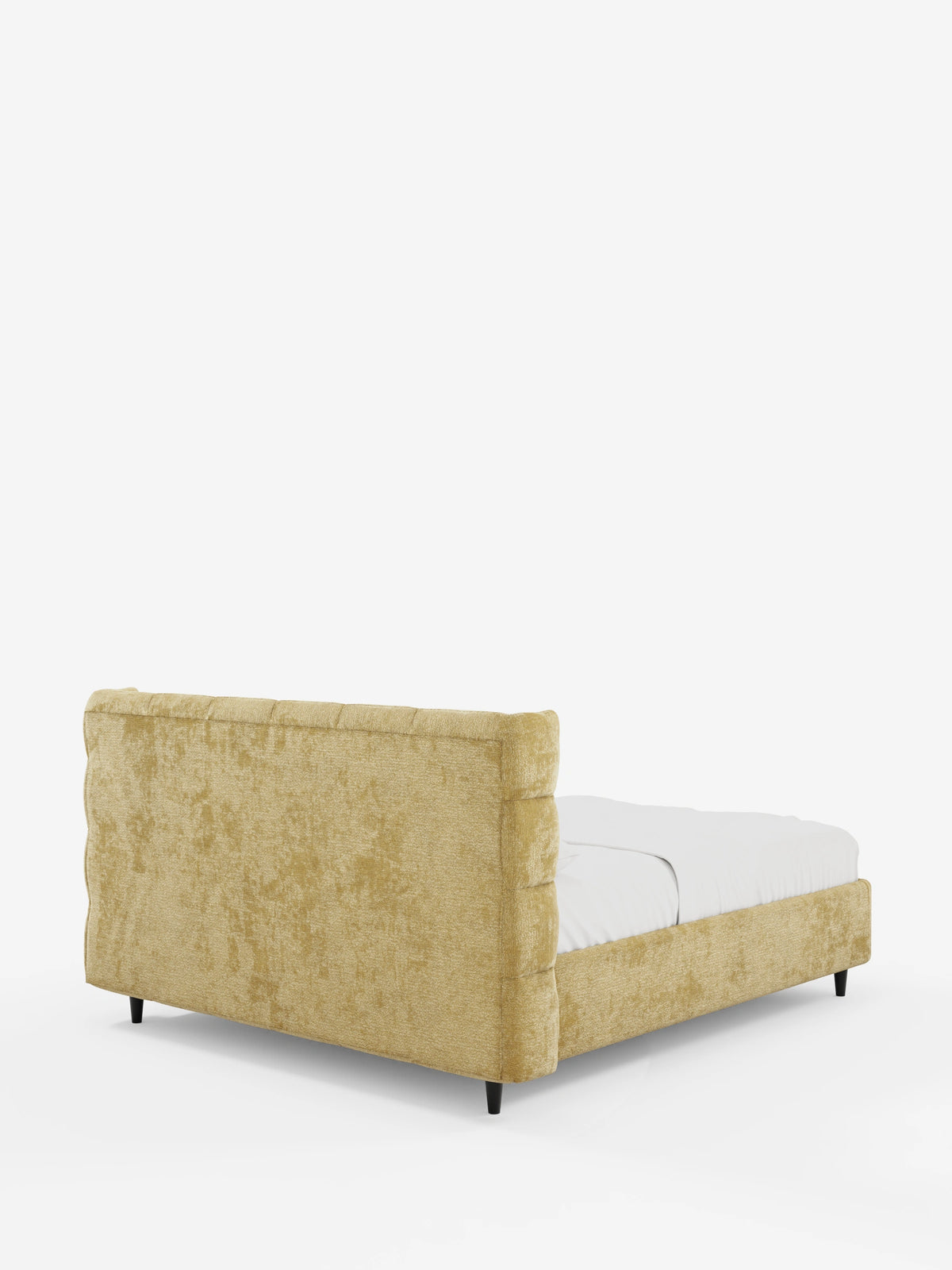Vista posteriore del letto imbottito RAGNAR con contenitore e testiera capitonné avvolgente in tessuto testurizzato giallo senape, con testiera avvolgente e gambe affusolate scure su sfondo bianco.