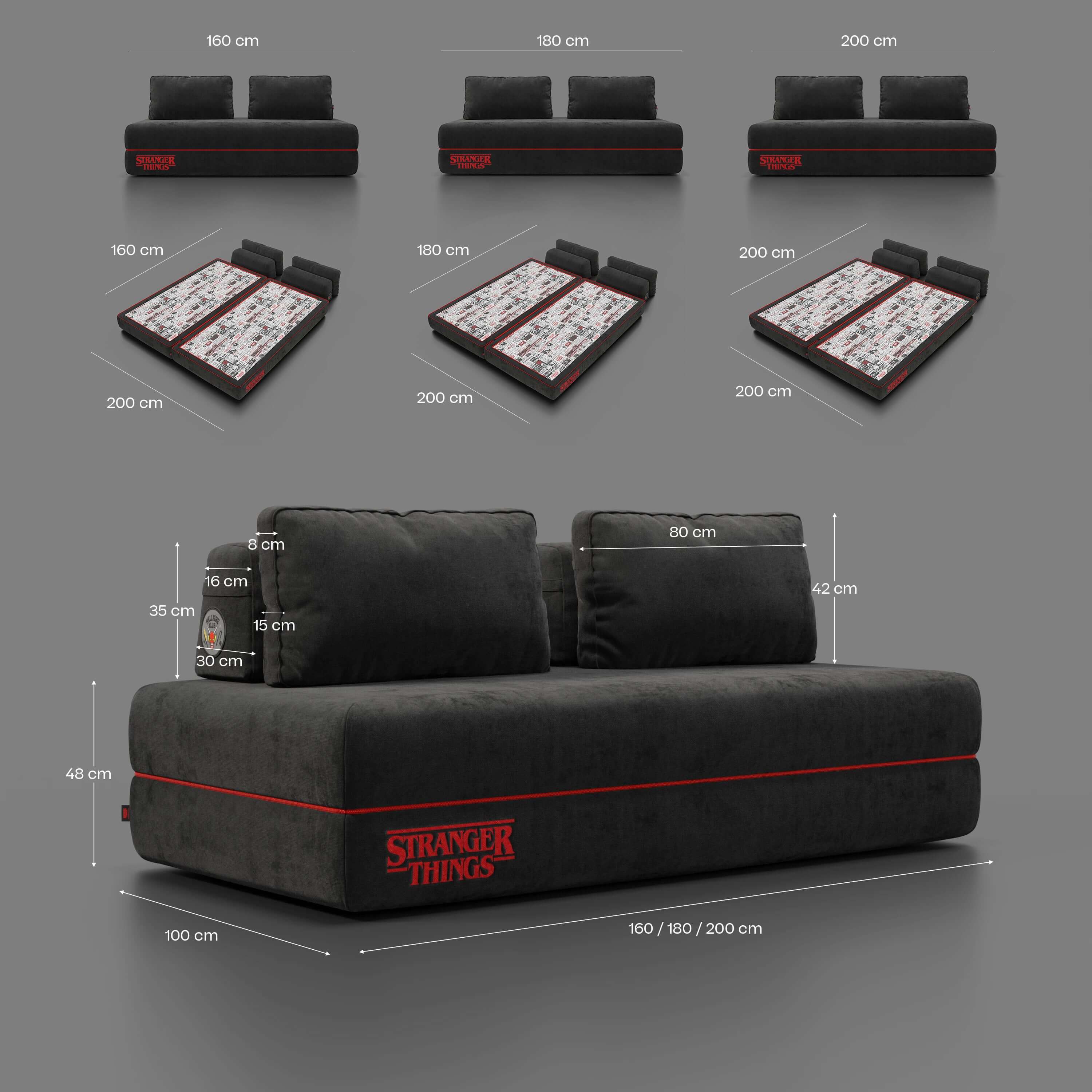 Rift divano letto matrimoniale STRANGER THINGS Edition 2 posti e 3 posti con schienali mobili - materasso alto 22 cm e memory foam in tessuto smacchiabile Antracite