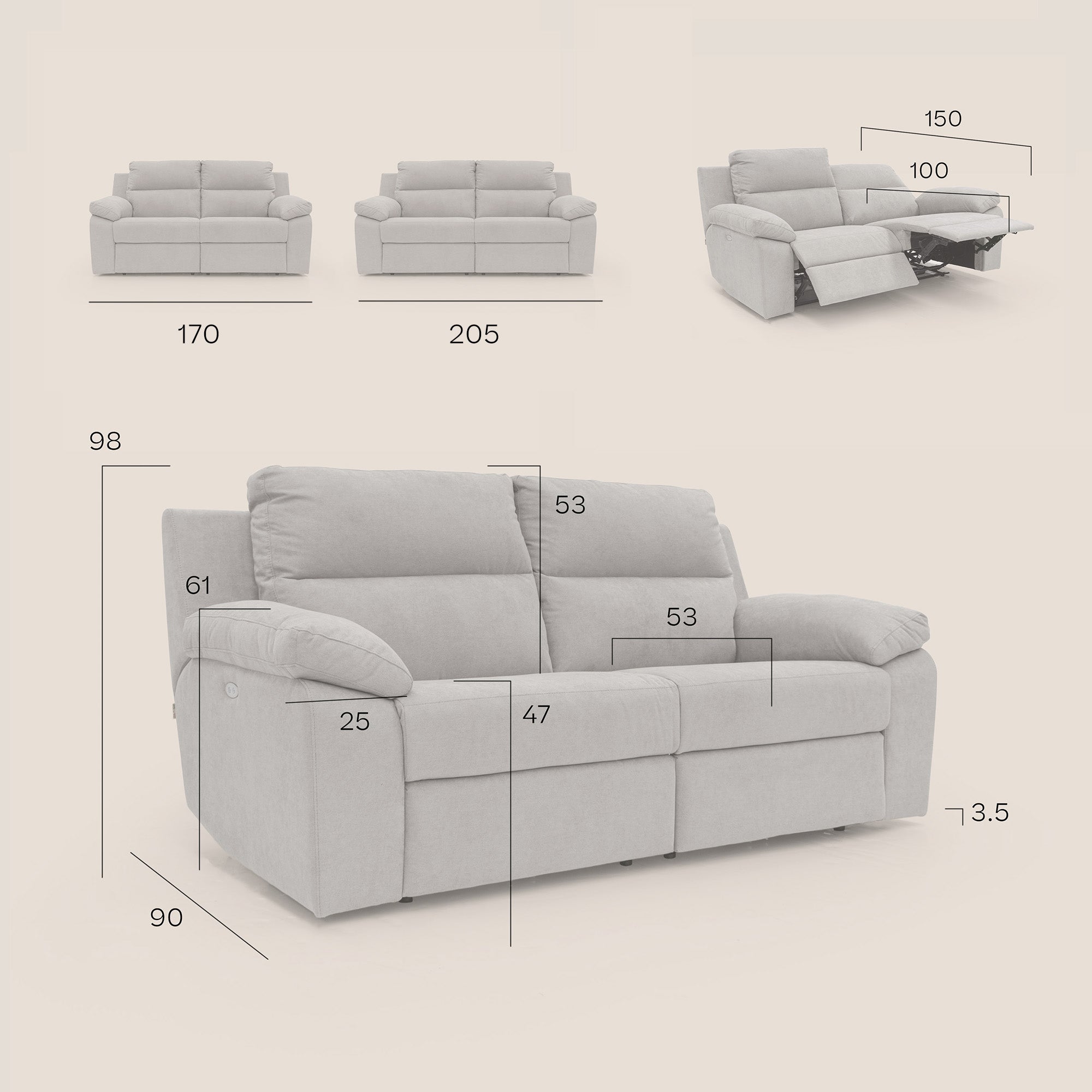 Romeo Divano relax con recliner elettrico in morbido tessuto impermeabile T02 giallo - divani.store