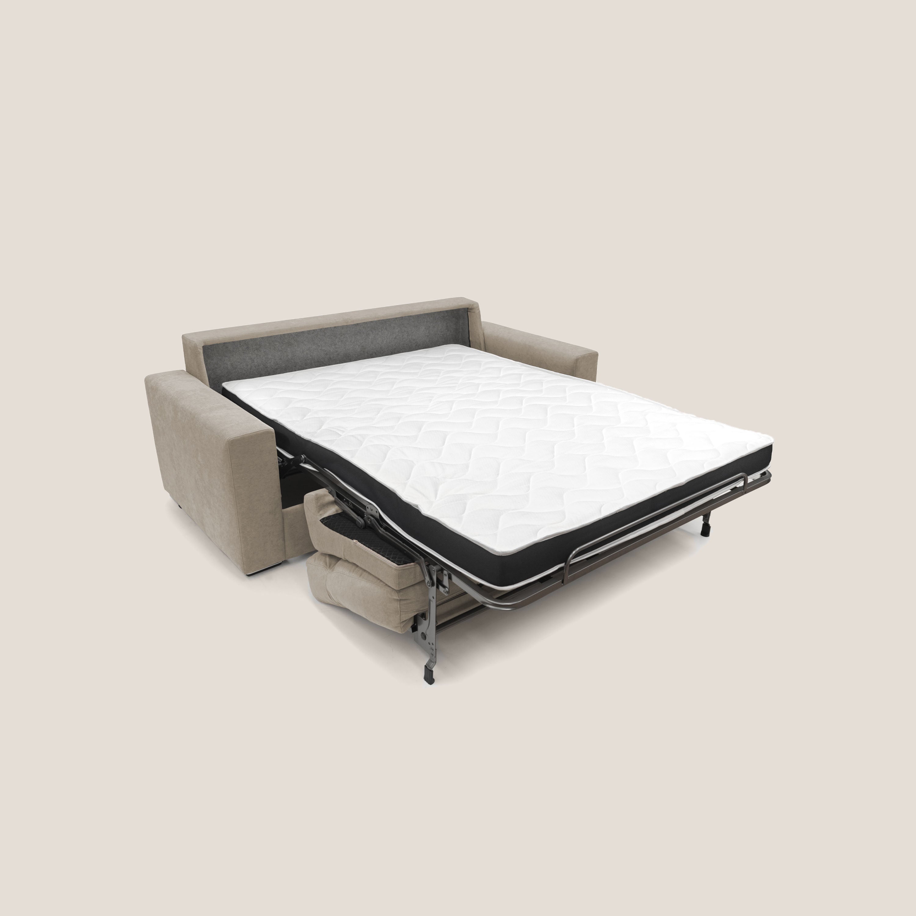 Nikita Divano letto matrimoniale con schienale morbido alto e rivestimento T02 beige - divani.store