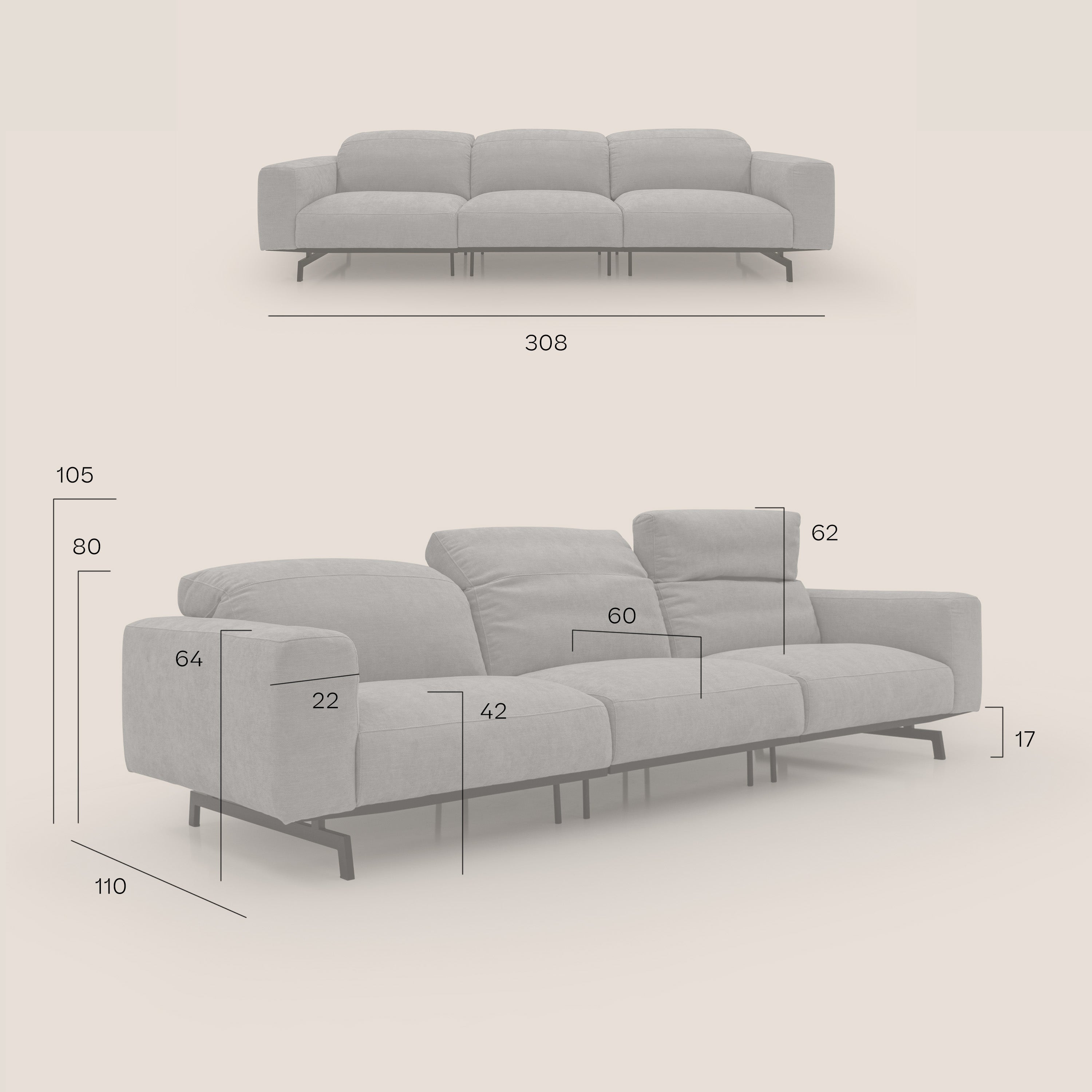Sakura divano in piuma d'oca modulare a 3 sedute in morbido tessuto fiammato impermeabile T14 grigio - divani.store