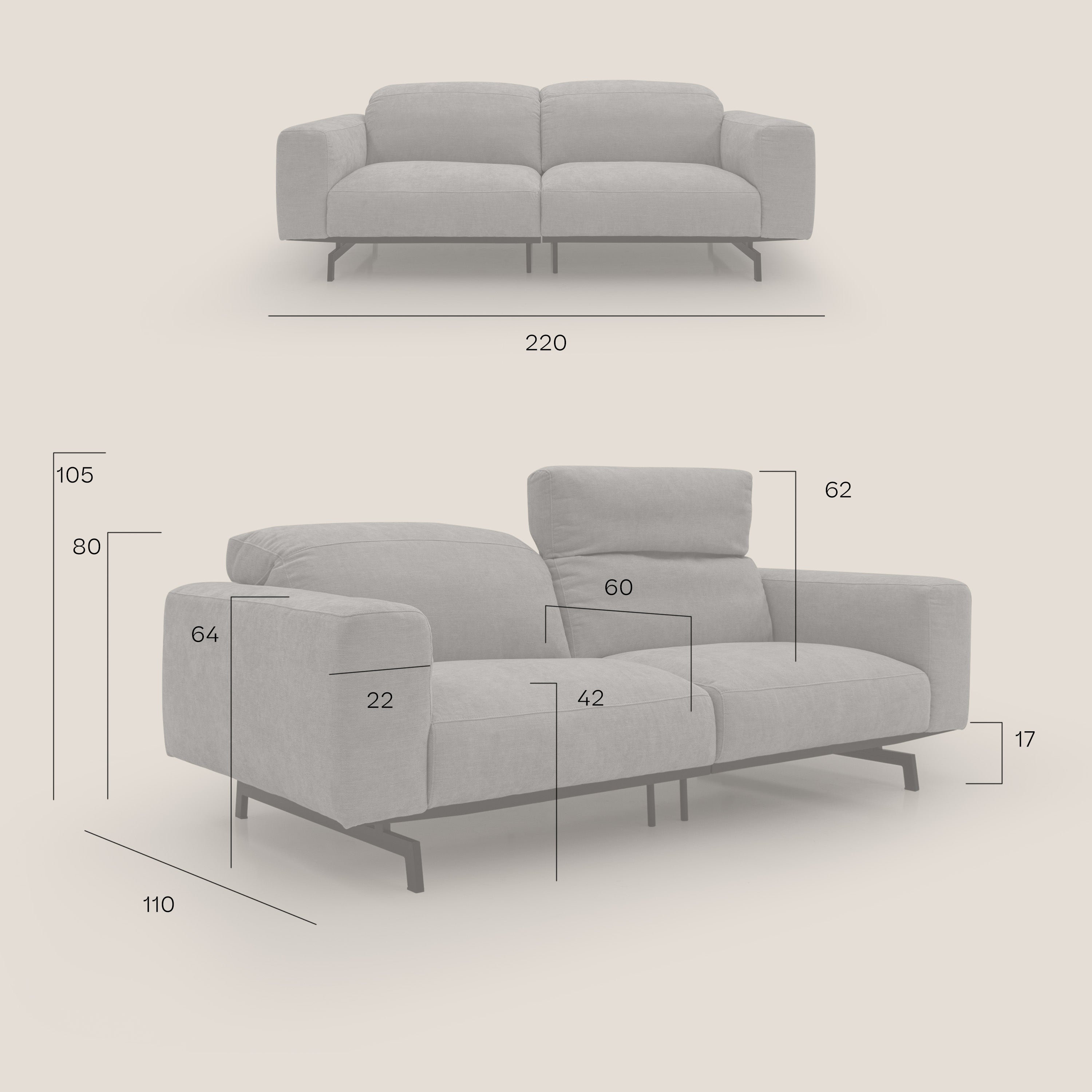Sakura divano in piuma d'oca modulare componibile in morbido tessuto fiammato impermeabile T14 grigio - divani.store