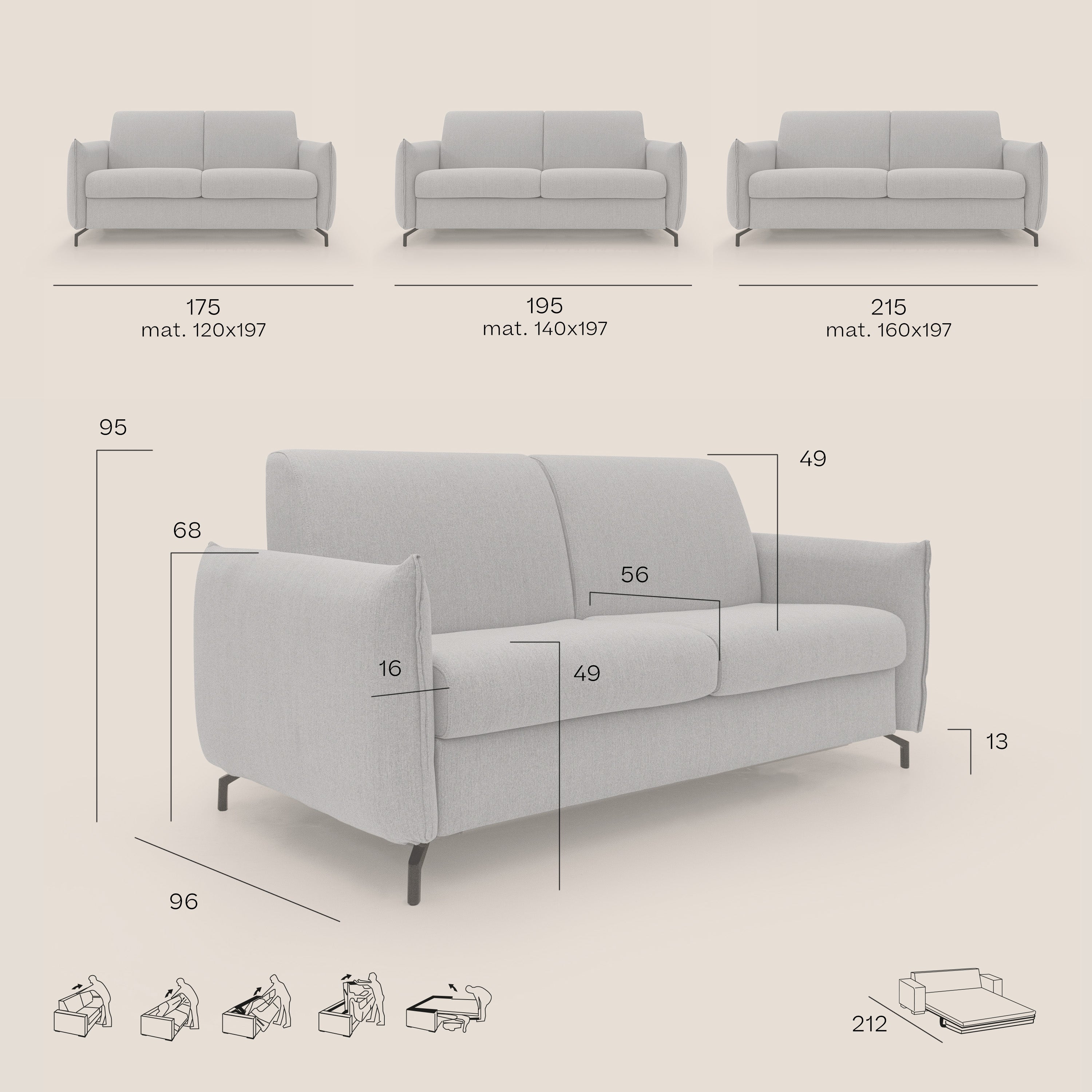 Scarlet divano letto in tessuto misto cotone impermeabile T19 panna