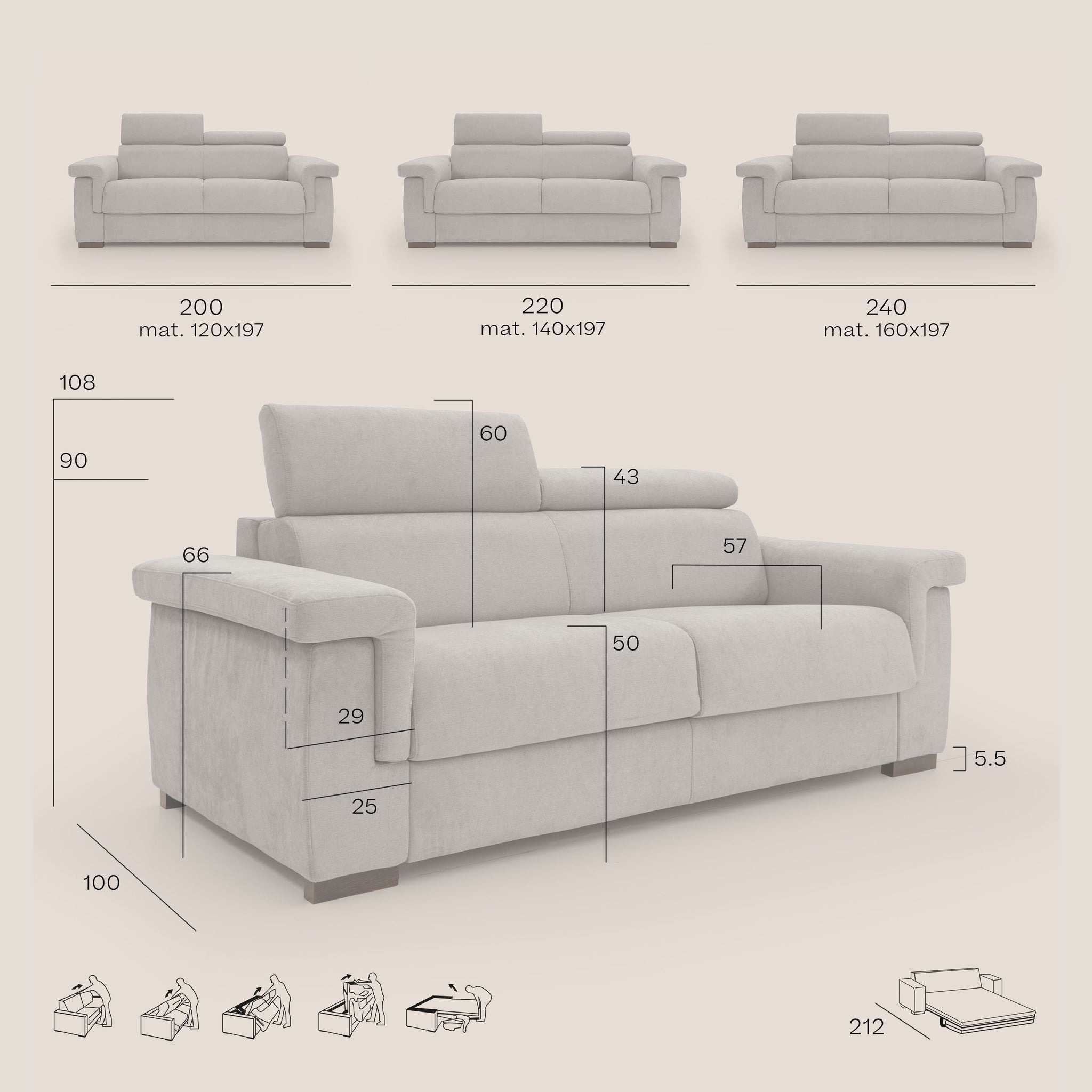 Bjorn divano letto 220 cm (mat. 140x197 cm) con materasso H18 cm in tessuto impermeabile T02 GIALLO