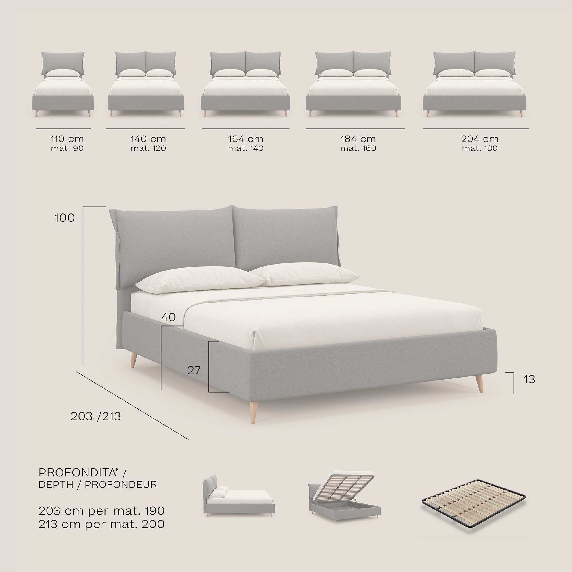 Elettra letto contenitore imbottito e sfoderabile con cuscini testata in tessuto impermeabile T13 grigio - divani.store