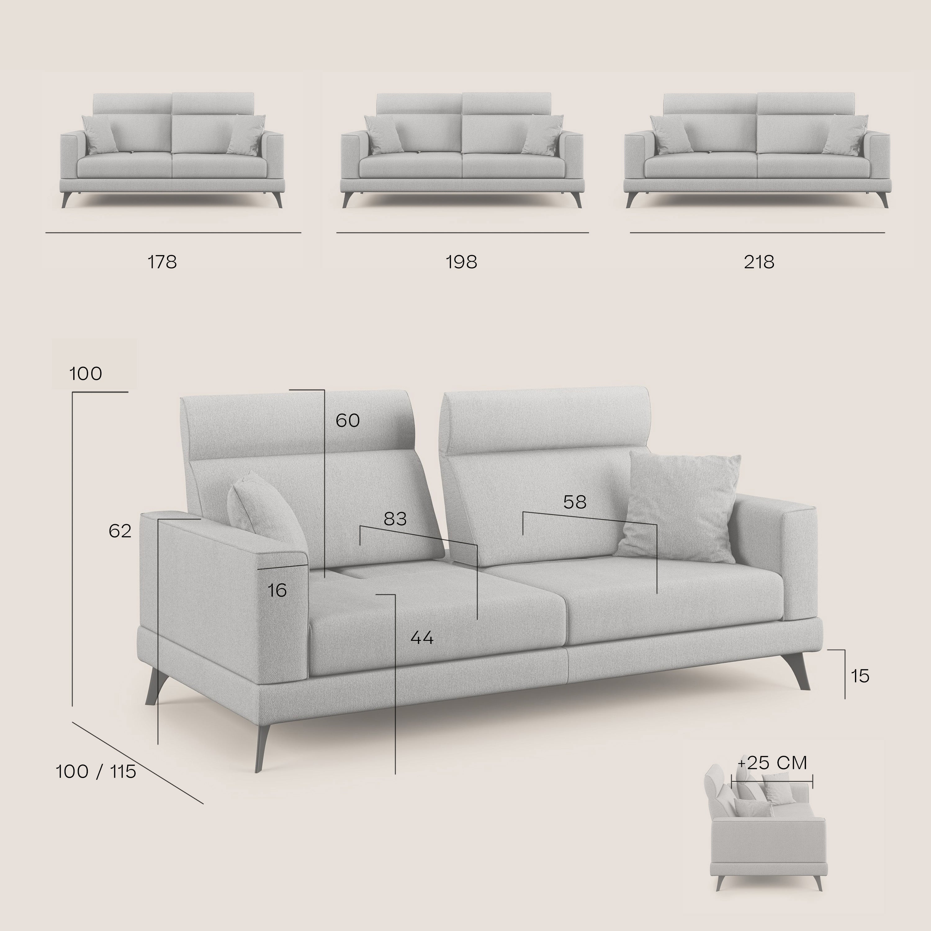 Slide Divano con schienali traslanti e poggiatesta in tessuto smacchiabile T05 grigio - divani.store