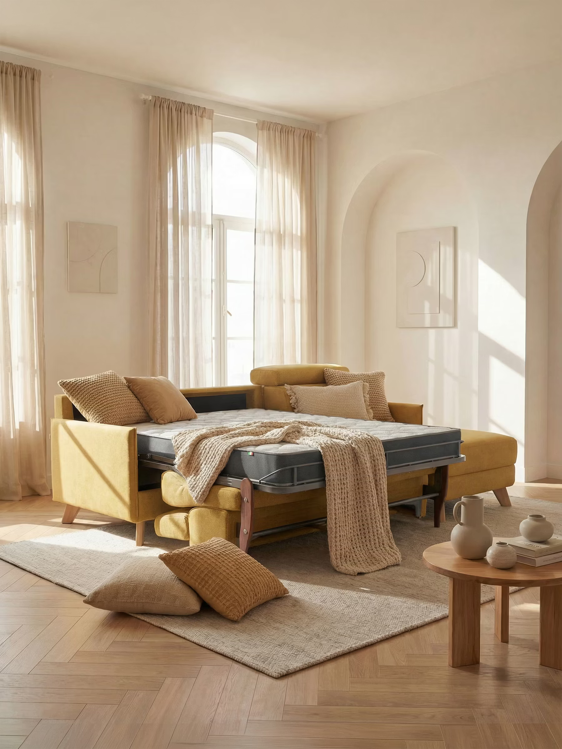 Sole Sofá cama matrimonial esquinero con chaise longue con almacenaje y reposacabezas reclinables - tejido antimanchas T23
