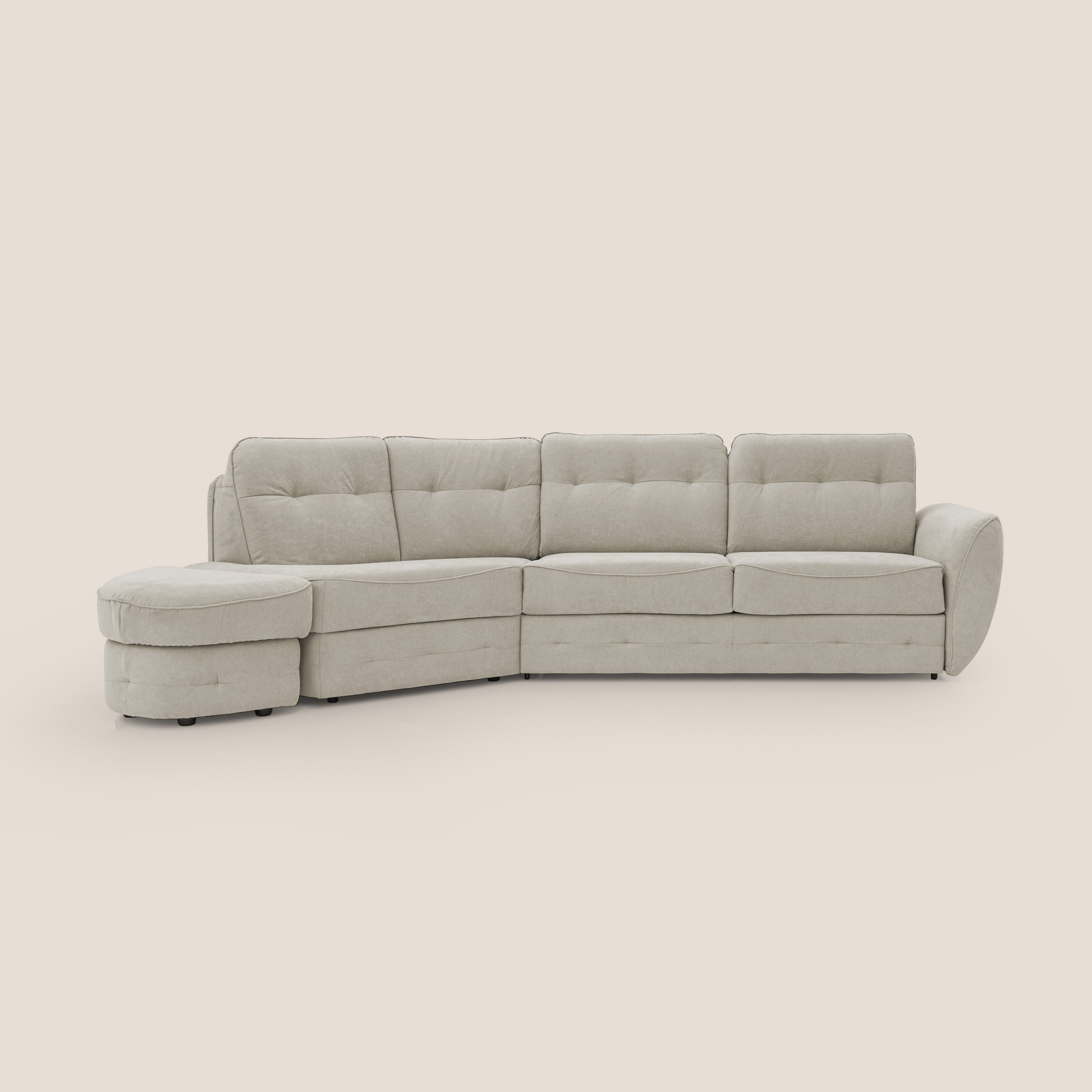 Zeus divano letto angolare con materasso H18 cm pouf mobile in tessuto impermeabile T02 panna - divani.store