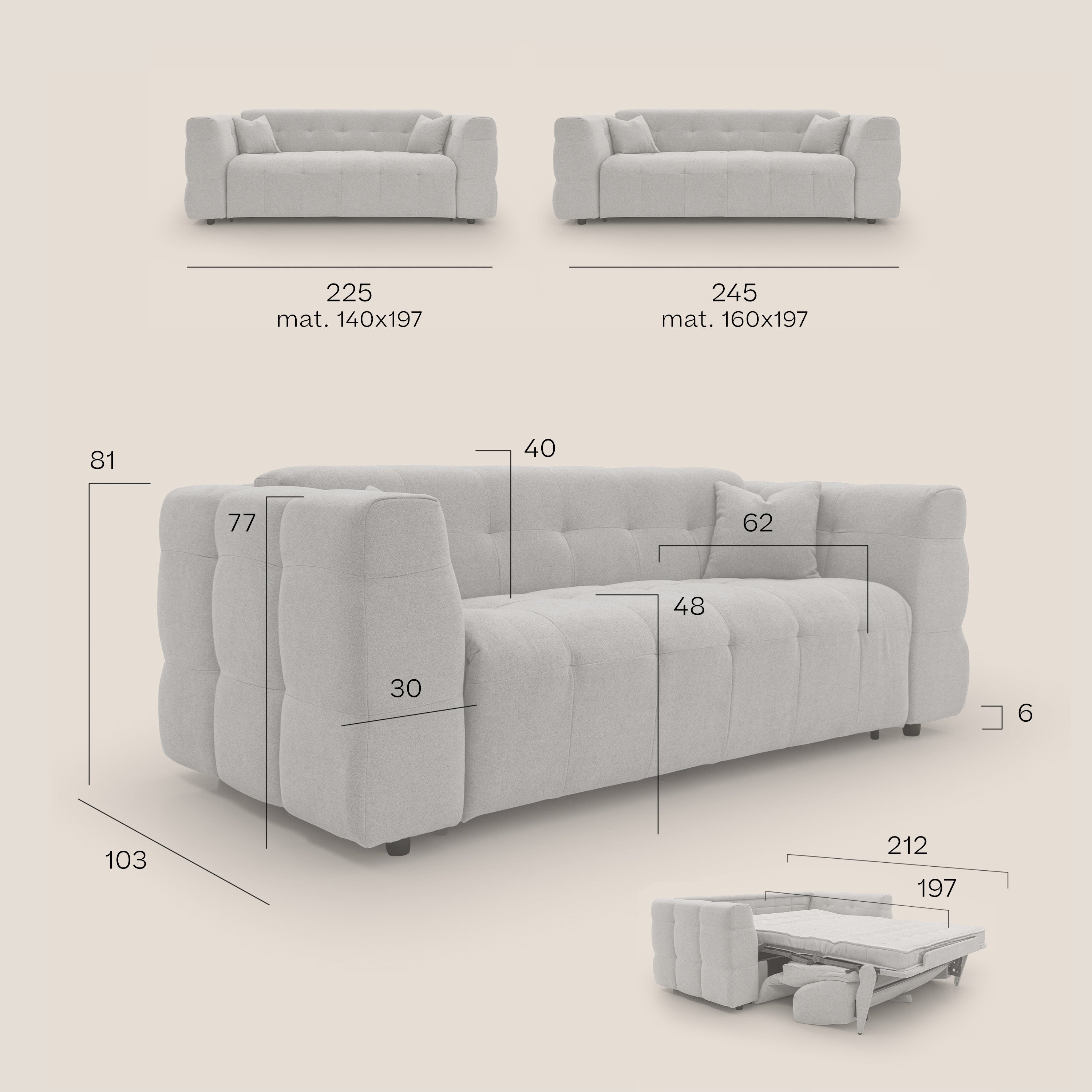 Tender Divano letto matrimoniale dal design innovativo in tessuto bouclet impermeabile T07 azzurro - divani.store