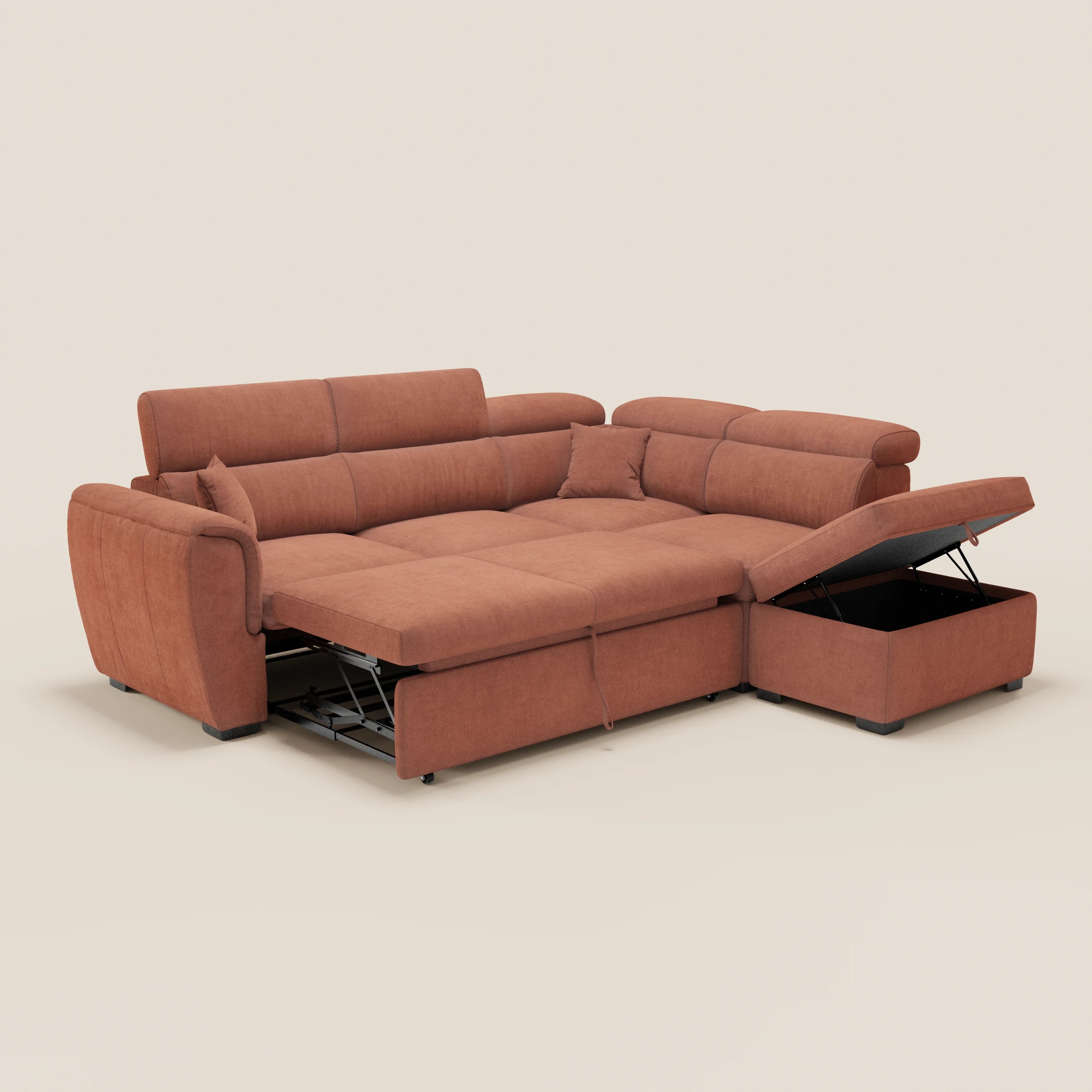 Il divano angolare reversibile Titano di Divani.Store, realizzato in tessuto Smacchiabile Oeko-Tex®, è dotato di letto estraibile, chaise longue con pouf contenitore, poggiatesta regolabili e ampi braccioli, il tutto in un design elegante e moderno.