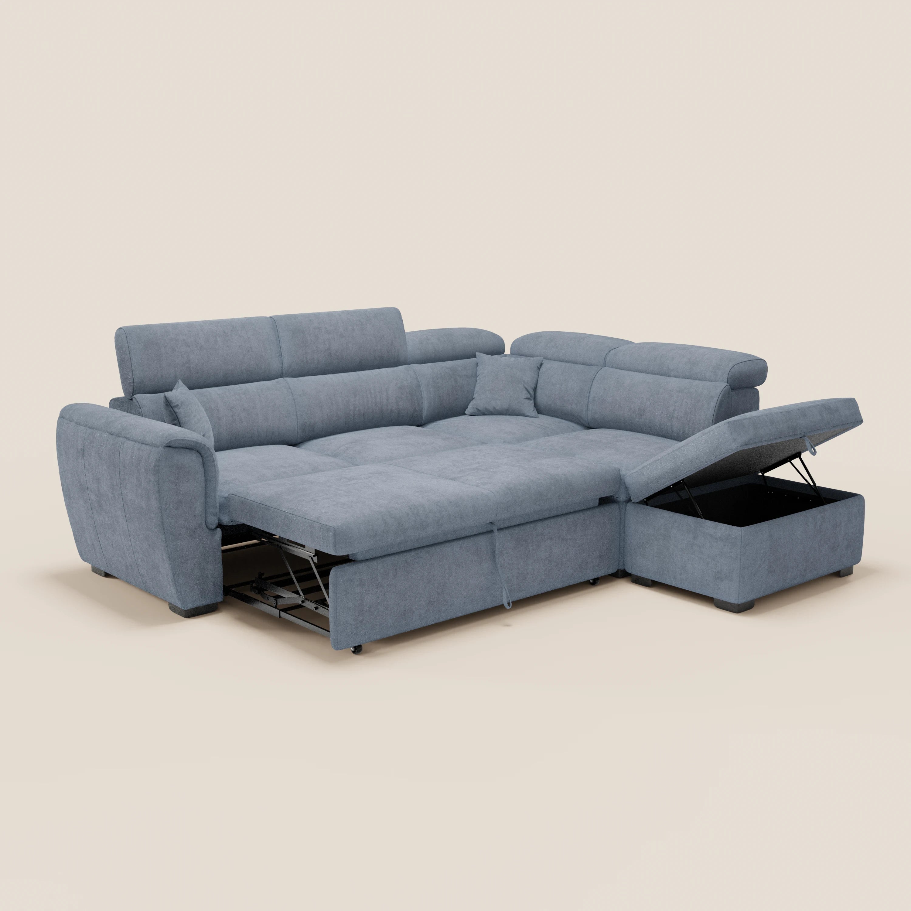 Titano canapé d’angle réversible avec partie extractible et pouf coffre - Appuie-têtes inclinables en tissu anti-taches Oeko-Tex®