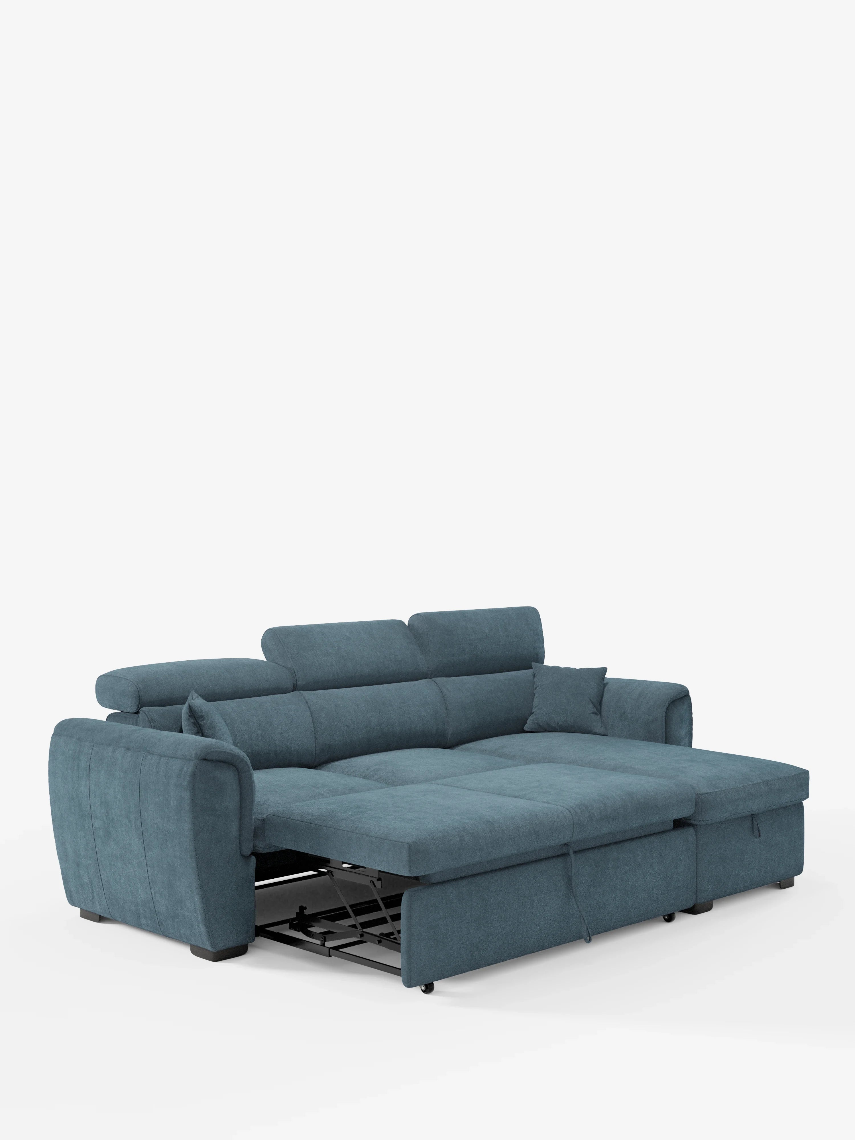 Viene presentato uno spazioso divano letto componibile Titano color verde acqua di Divani.Store, dotato di una chaise longue reversibile con vano portaoggetti integrato, poggiatesta regolabili e un elemento letto estraibile. Questo divano in stile moderno è rivestito in tessuto antimacchia e offre un'imbottitura extra, trasformando facilmente la zona salotto in un letto piatto per un comfort ancora maggiore.