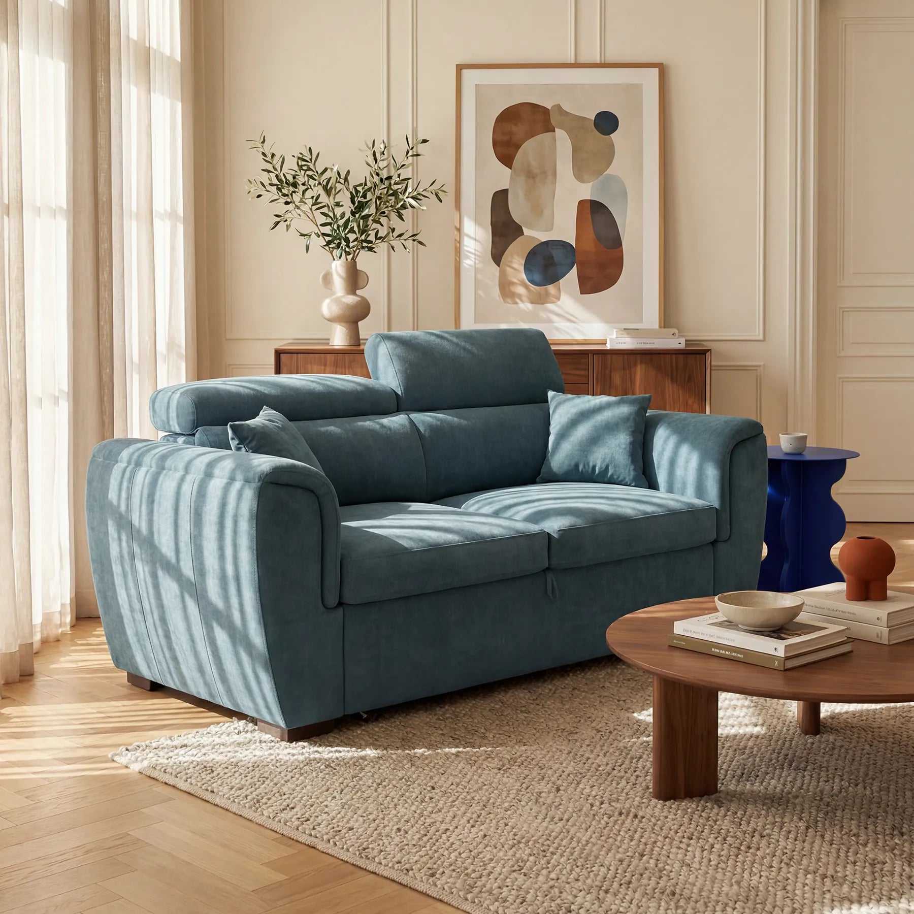 Il divano a due posti estraibile Titano con poggiatesta reclinabili di Divani.Store, rivestito in tessuto smacchiabile Oeko-Tex® color verde acqua, è posizionato su un tappeto beige, illuminato dal sole e circondato da un tavolino moderno, opere d’arte, piante e vasi, a creare un ambiente accogliente.