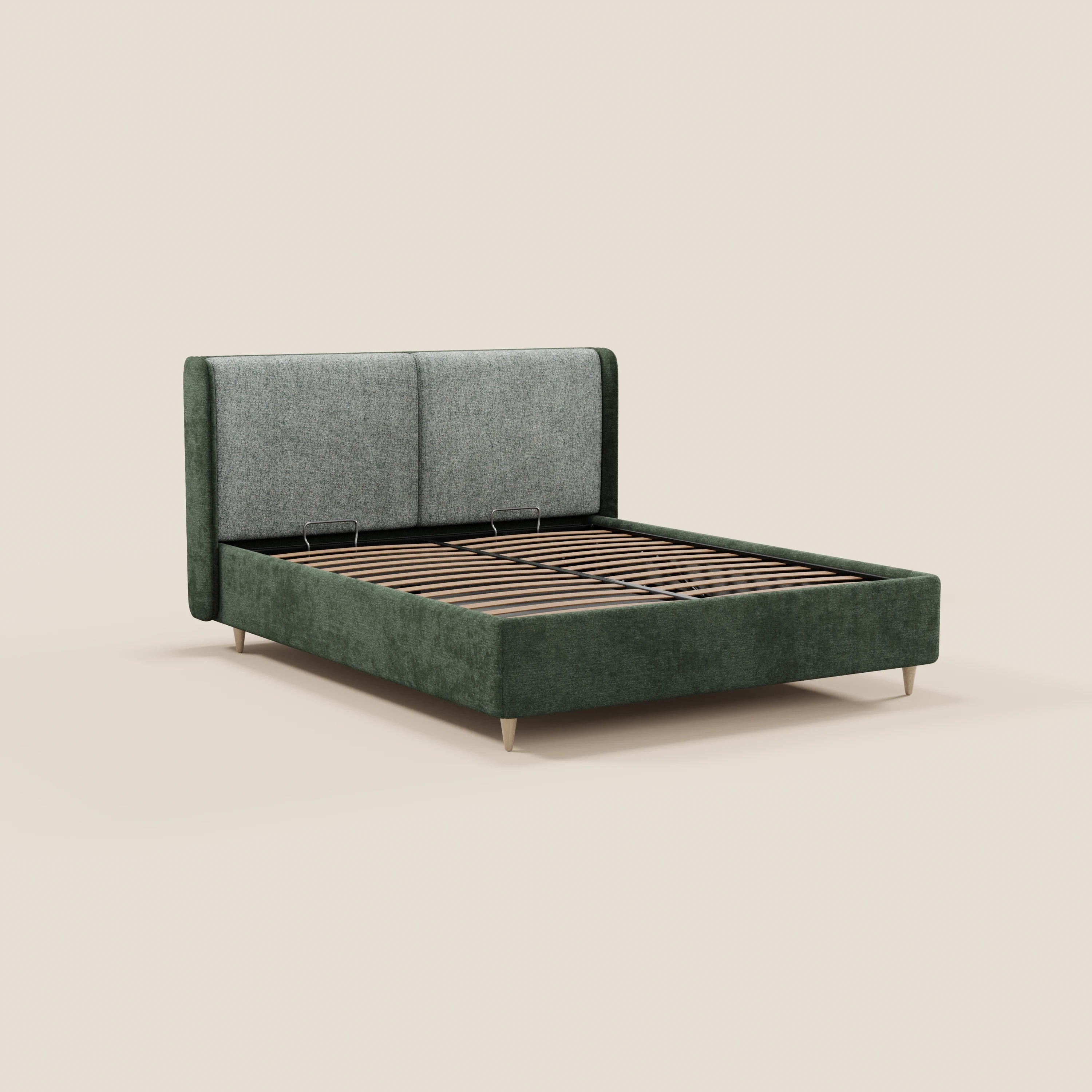 Il letto imbottito VALKIRIA di Letti.store è un letto moderno bicolore con contenitore, testiera avvolgente dalle linee curve e schienale imbottito grigio. Presentato senza materasso né biancheria da letto, è dotato di doghe in legno e gambe metalliche inclinate su uno sfondo beige a tinta unita.