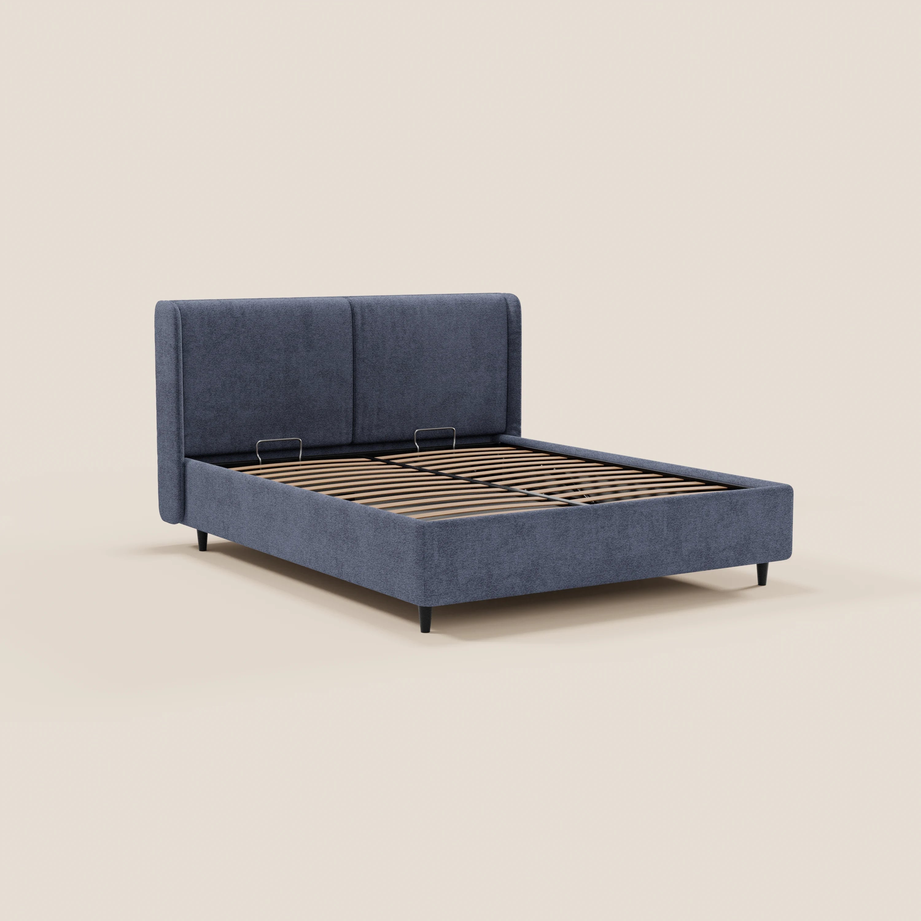 VALKIRIA di Letti.store: letto di design con contenitore, testiera avvolgente con 2 cuscini imbottiti e rivestimento in tessuto Oeko-Tex® per un look contemporaneo ed elegante.