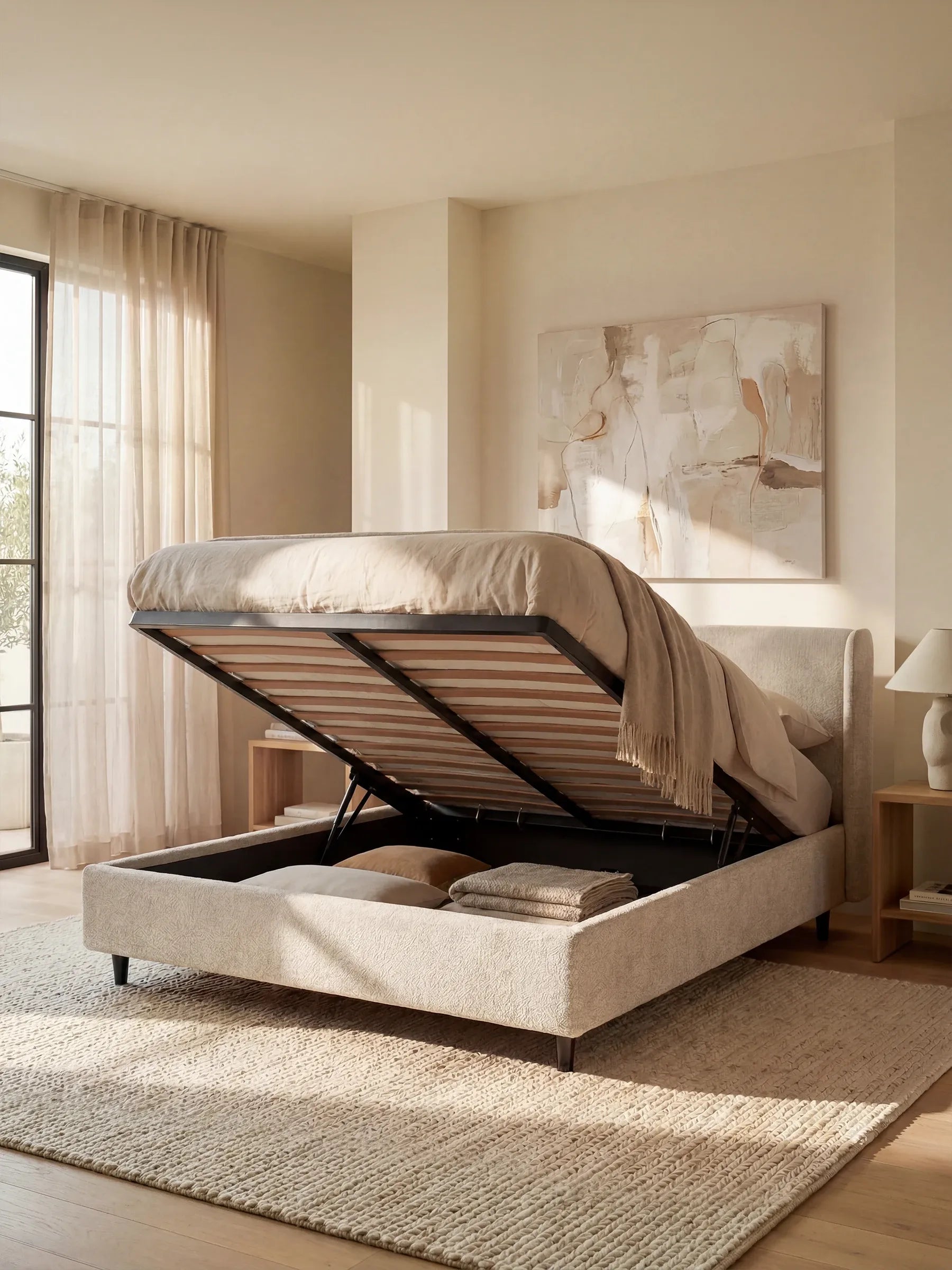 Il letto di design VALKIRIA con contenitore e testiera avvolgente di Letti.store, in un elegante beige, è raffigurato con il materasso sollevato che rivela l’ampio contenitore pieno di coperte piegate. La stanza è caratterizzata da pareti chiare, un tappeto dalla trama marcata, tende leggere e trasparenti, opere d’arte astratta alle pareti e una lampada appoggiata su un comodino in legno. La luce naturale filtra da una grande finestra, completando il design contemporaneo e accogliente dell’ambiente.