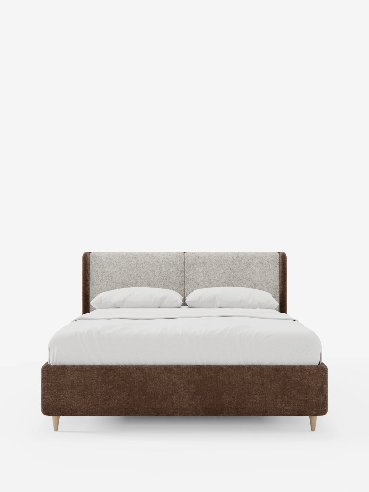 VALKIRIA, letto imbottito bicolore con contenitore, è una struttura letto imbottita con materasso bianco e due cuscini, caratterizzata da una testiera bicolore con pannelli testurizzati grigio chiaro, rifiniture in tessuto marrone e una base coordinata su gambe in legno.
