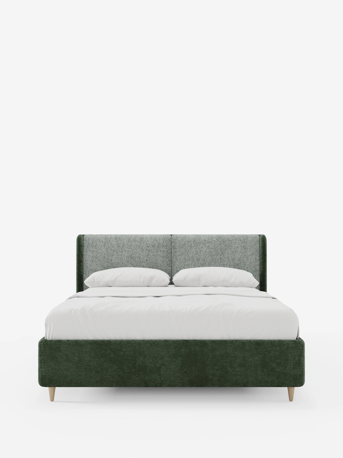 Un letto imbottito bicolore VALKIRIA con contenitore, caratterizzato da una base verde scuro e da una testiera curva con pannelli grigio chiaro testurizzati, rifinito con cura con lenzuola bianche e due cuscini su uno sfondo chiaro.